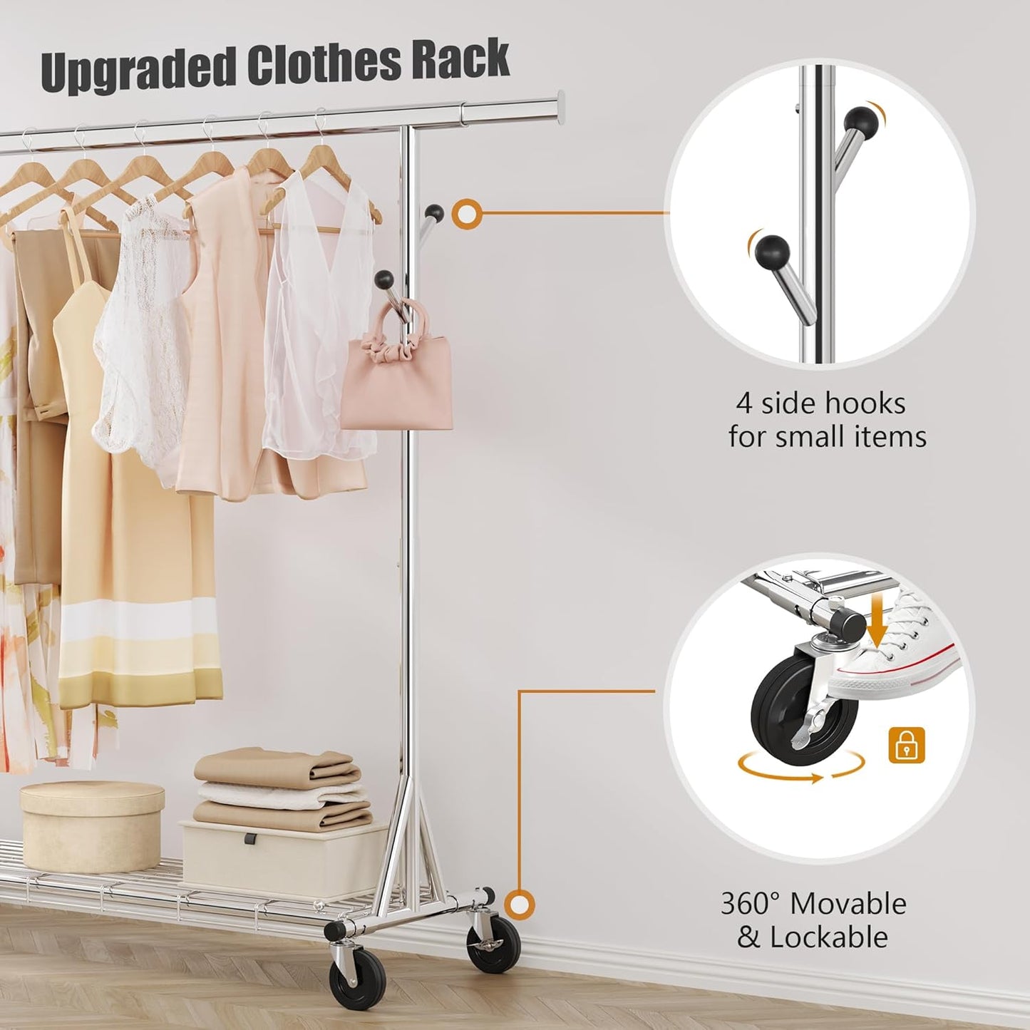 Heavy Duty Clothes Rack Load 530 lbs, Metal Rolling Clothing Rack With Sturdy Wheel And Shelves, Adjustable Portable Hanging Garment Rack For Clothes,Chrome Stainless Steel