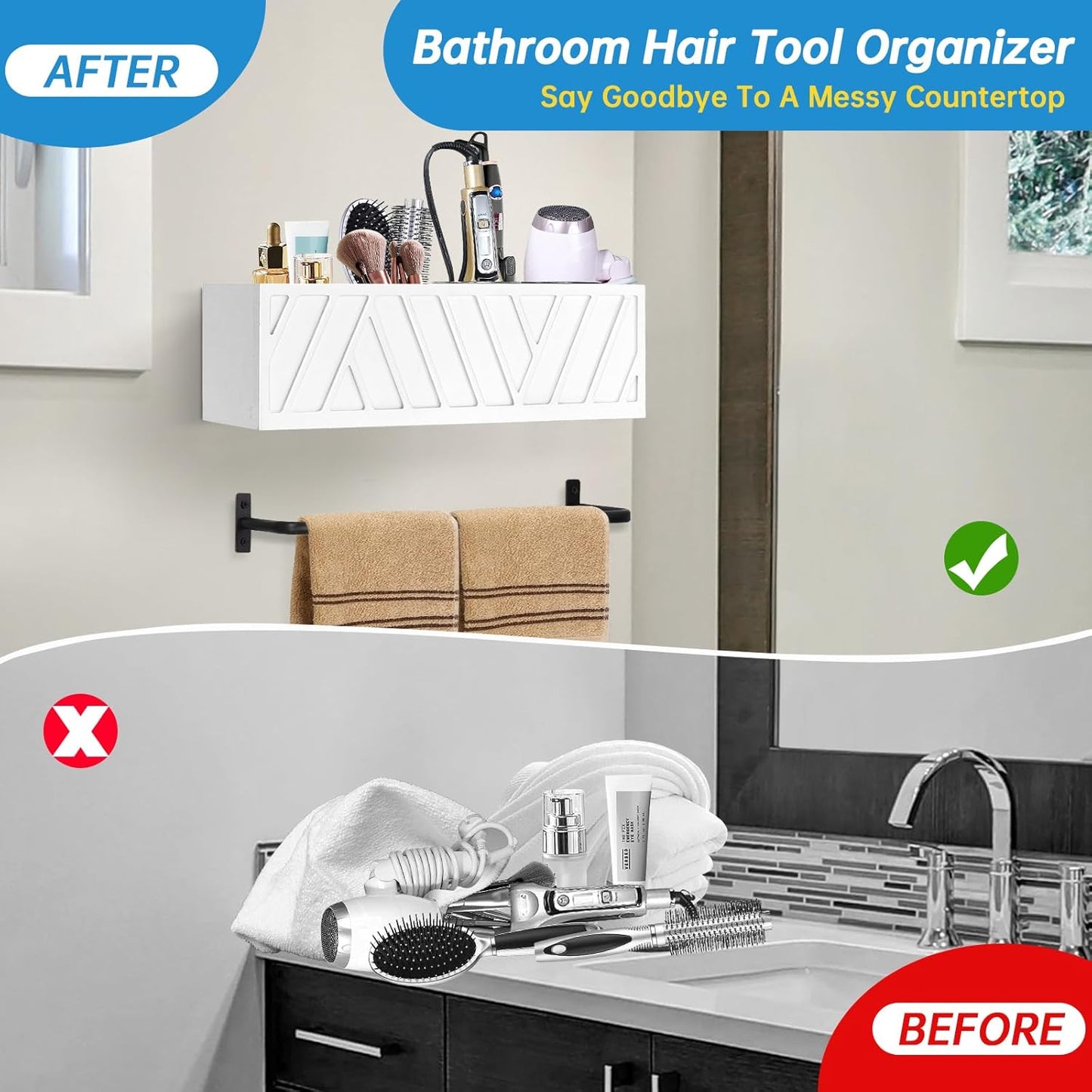 Hair Tool Organizer Wall Mounted with Towel Bar, Wood Hair Dryer and Styling Holder for Bathroom, Vanity Caddy Storage Stand for Storage Bathroom Accessories, Flat Iron, Blow Dryer, Brushes(White)