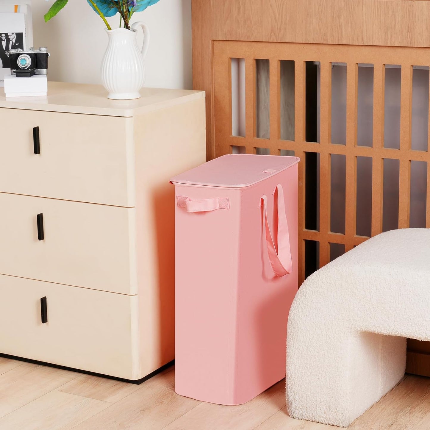 efluky Slim Laundry Basket with Lid, Narrow Laundry Hamper with Handles, Collapsible Dirty Clothes Hamper, Tall Laundry Bin for Laundry Room, Dorm and Bedroom, 55L Pink
