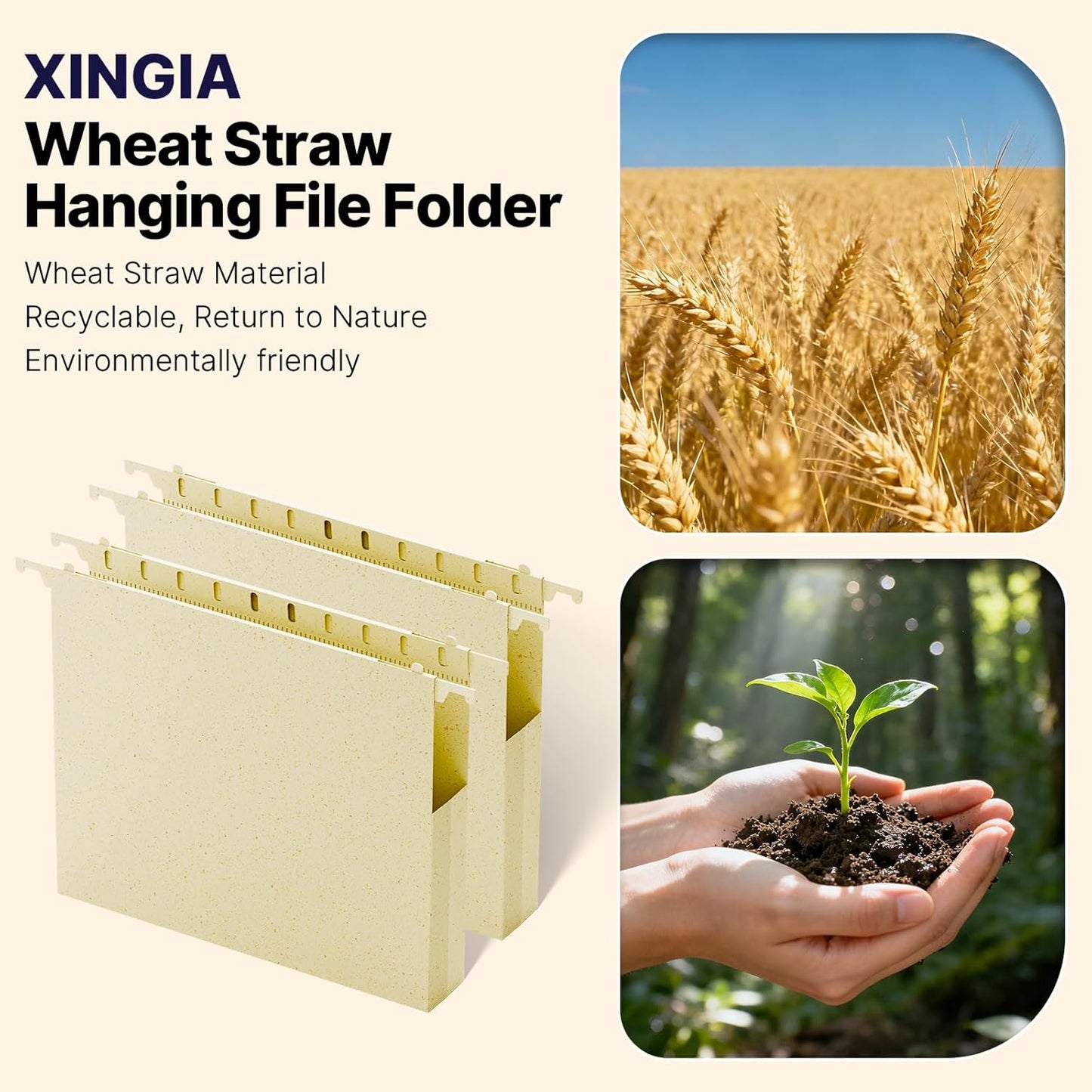 Wheat Straw Hanging File Folder Letter Size, Heavy Duty 1'' Expansion,12 Pack Extra Capacity Plastic Hang Folders,Reinforced Filing Cabinet Folder for Bulk Files/Medical Charts(Morandi Beige)
