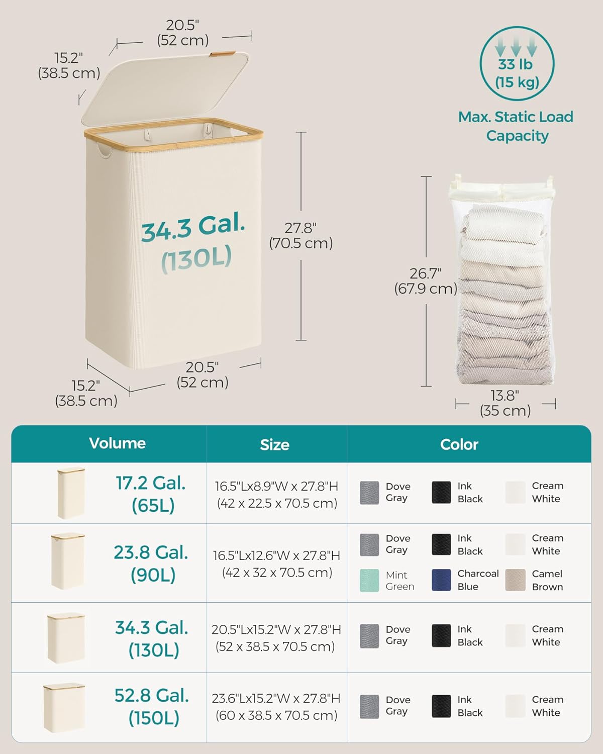 SONGMICS Laundry Hamper with Lid, 2-Section Large Laundry Basket, 34.3-gallon (130L), Removable Mesh Liner, Bamboo Handles, Collapsible, 20.5 x 15.2 x 27.8 Inches, Cream White ULCB513W01