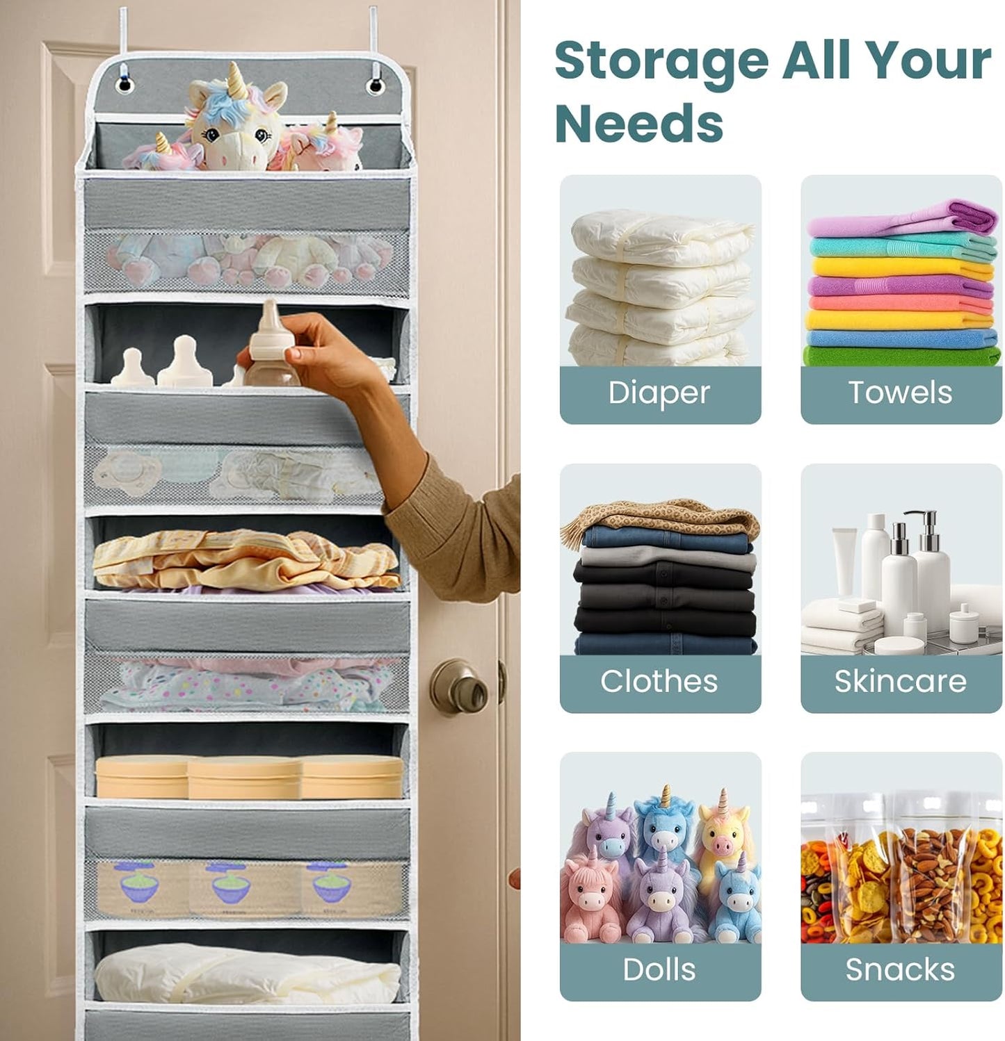 Over The Door Organizer with 8 Side Mesh Pockets, 44lb Weight Capacity Hanging Behind The Door Bathroom Organizers and Storage Suitable for Storing Toys, Shoes, Towels, Grey, 5 Shelf