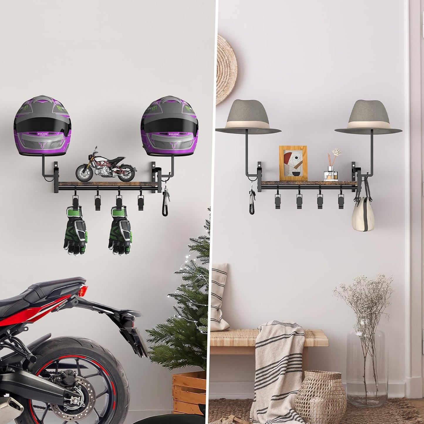 OYEAL Motorcycle Helmet Holder Wall Mount, Rustic Helmet Display Rack with Hooks, Storage Shelf, 4 Glove Clips for Motorcycle Gear Accessories Storage, Brown