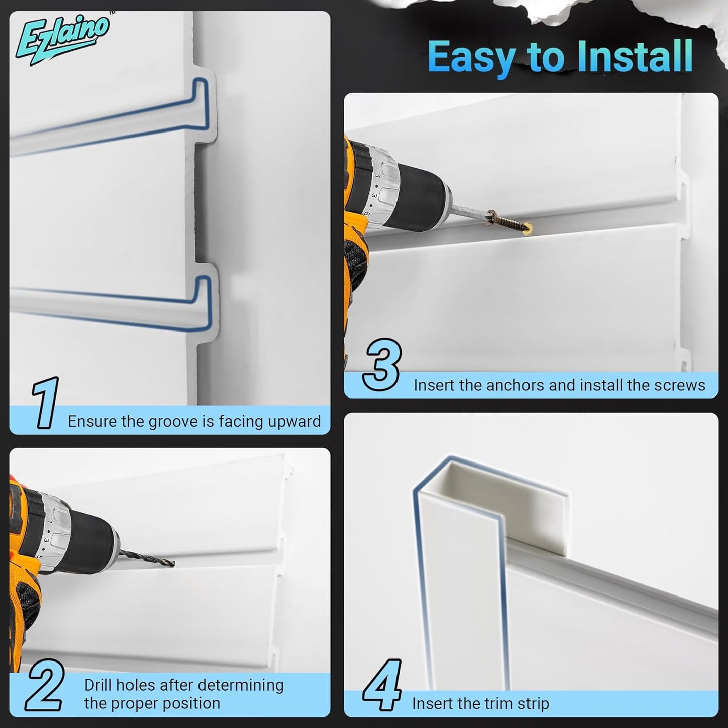 Ezlaino Slatwall Panel 4FT x 4FT, PVC Slat Wall Storage System, Waterproof, Durable& Easy to Install, Compatible with Most Hooks, Ideal for Garage Storage & Home Decoration, White