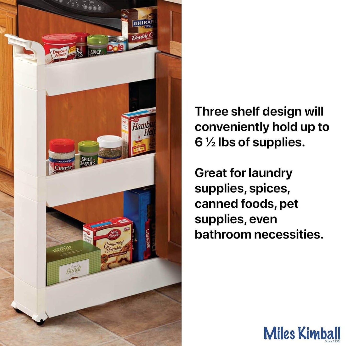 Miles Kimball Slim Storage Cart with 3 Baskets/Shelves and Rolling Casters for Kitchen, Laundry, and Small Space Storage, Durable Plastic - Measures 21" Long x 5" Wide x 28 1/4" High