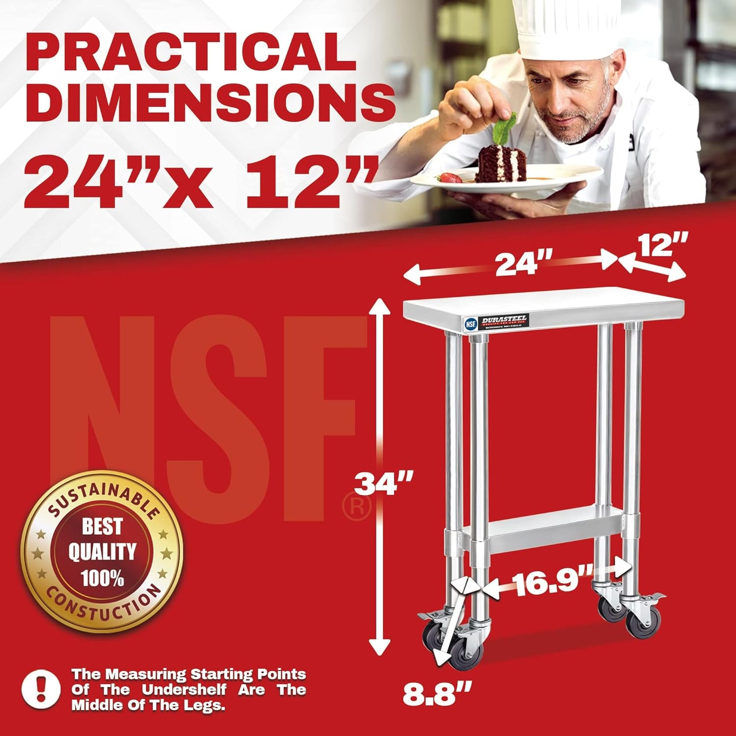 DuraSteel 24x12 NSF Stainless Steel Cart - Heavy Duty Rolling Food Prep Table with Undershelf - Metal Utility Cart for Commercial Restaurant Kitchen, Laundry, Side Mixer Stand