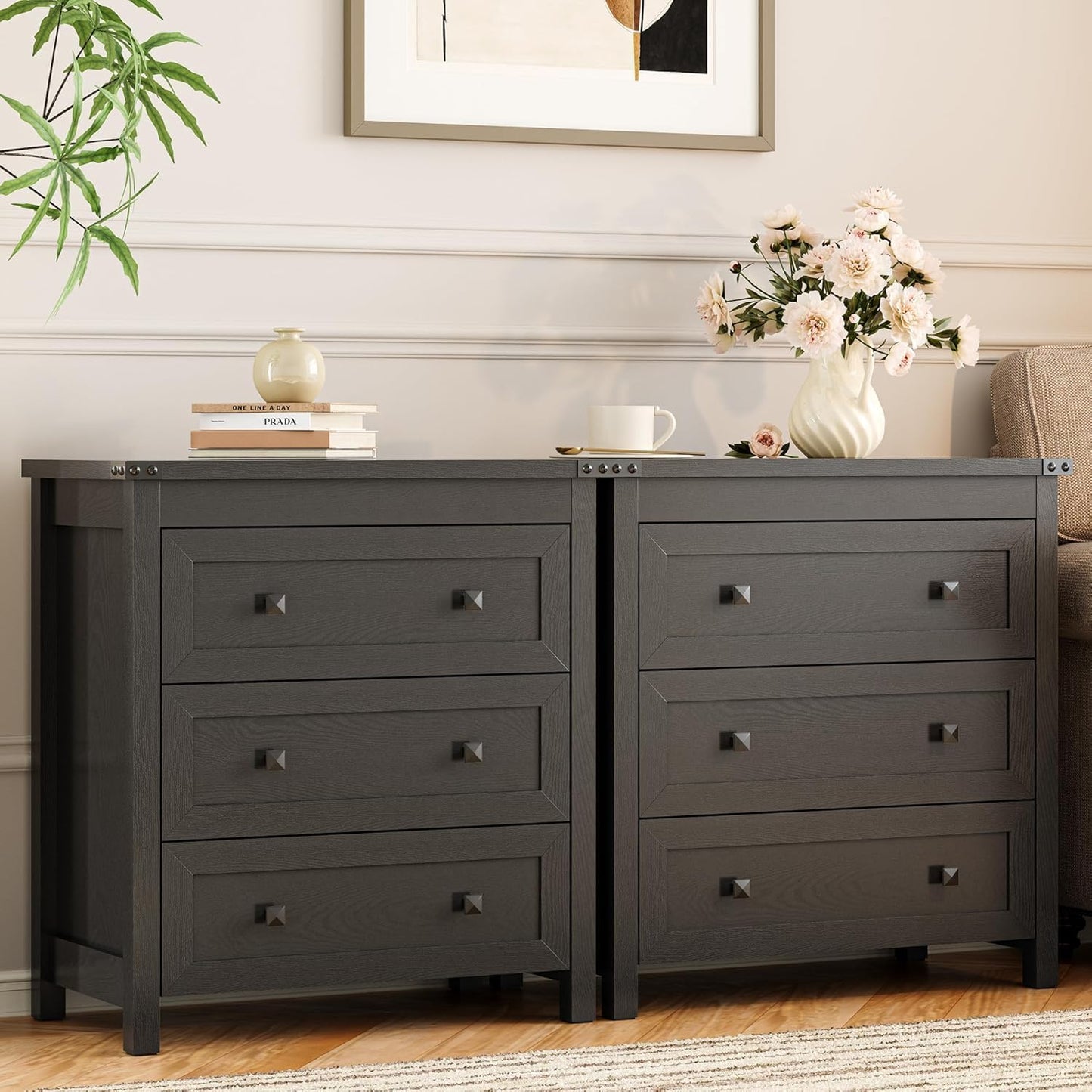 Dresser for Bedroom with 3 Drawers, 27.55" Wide Small Chests of Drawers, Farmhouse Wood Nightstand Bedside Cabinet End Table, Modern Closet Storage Organizer for Living Room, Entryway, Hallway, Black
