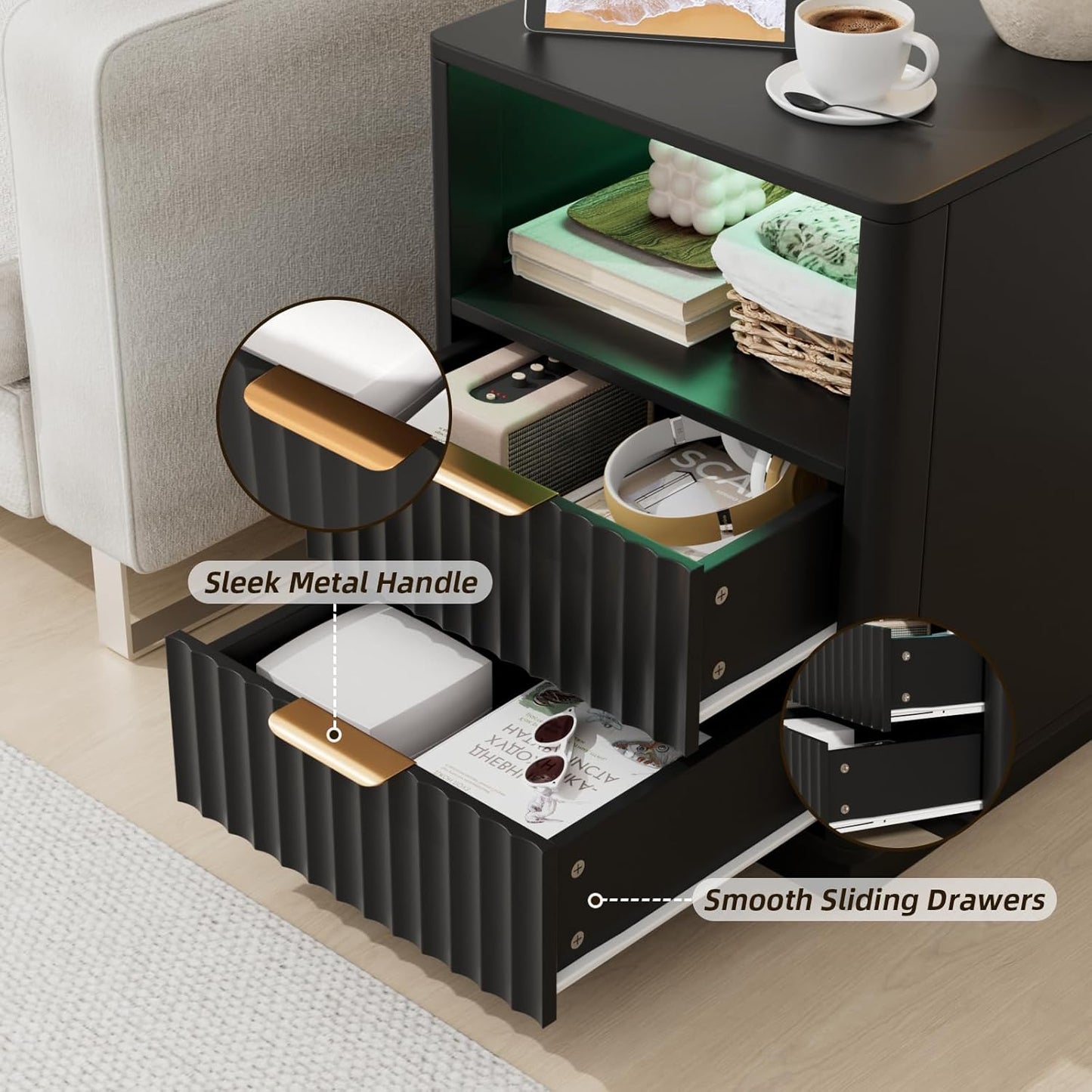 VOWNER Fluted Nightstand with Charging Station, 18” RGB Night Stand with 2 Drawers, End Table with Storage Shelf, Curved Profile Design Side Table, Bedside Table for Bedroom Living Room, Black