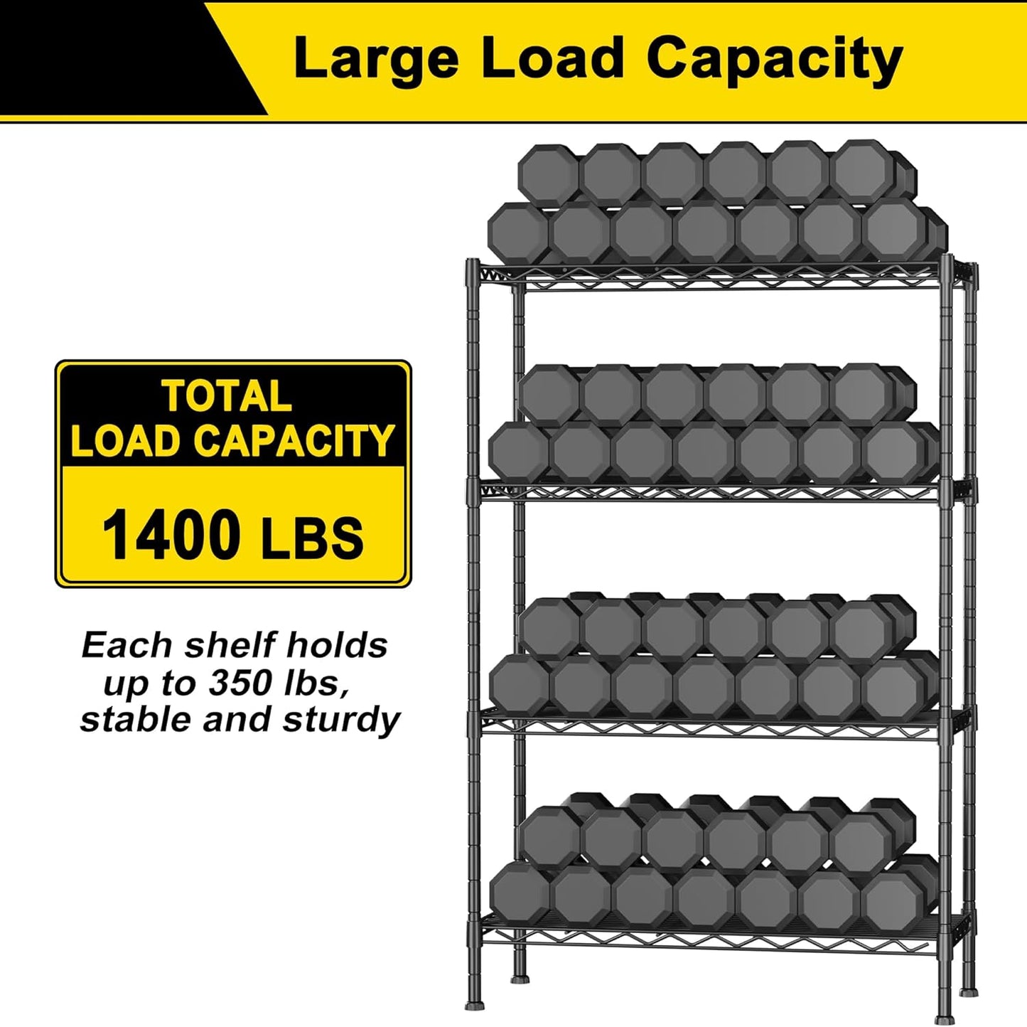 GIOTORENT 4-Wire Garage Shelving Storage Shelves, Metal Shelf Organizer 1400Lbs Capacity, Kitchen Storage Adjustable Shelf for Laundry Bathroom Pantry Closet, Black 36.2''L x 14''W x 53.4''H