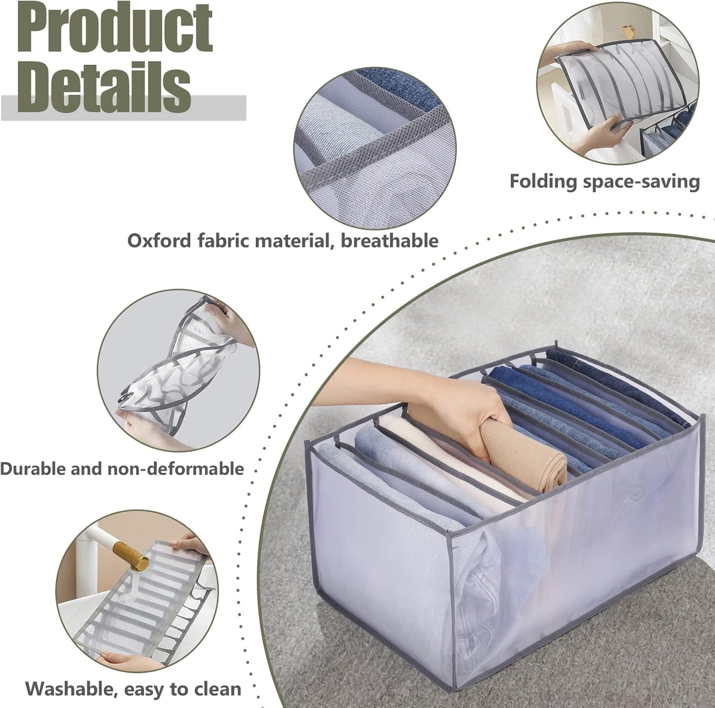 TOOVREN Jeans Organizer Extra Large 9 Grids, Closet Organizer with Foldable Drawer Compartments, Washable Clothing Storage Box 3-Pack