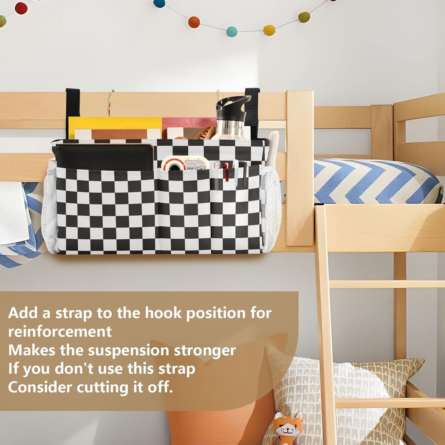 Checkered Black Bedside Caddy for Dorm Bed Bedside Hanging Caddy Bag Iron Frame Storage Organizer Pocket for Bunk Home College Hospital Beds 2 Hooks