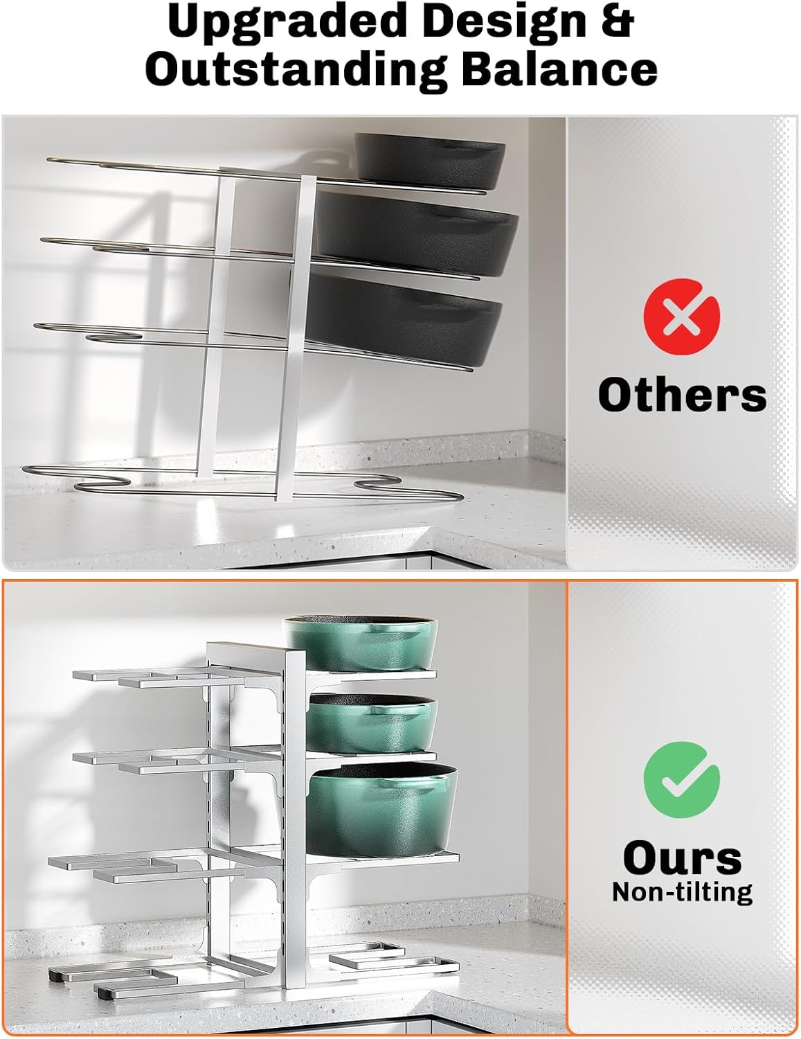 MUDEELA 8-Tier Pots and Pans Organizer under Cabinet, 15.83" Height Heavy Duty Pot Pan Organizer Kitchen Cabinet Organization and Storage, Adjustable Pot Rack for Frying Pan, Cast Iron Skillet, Sliver