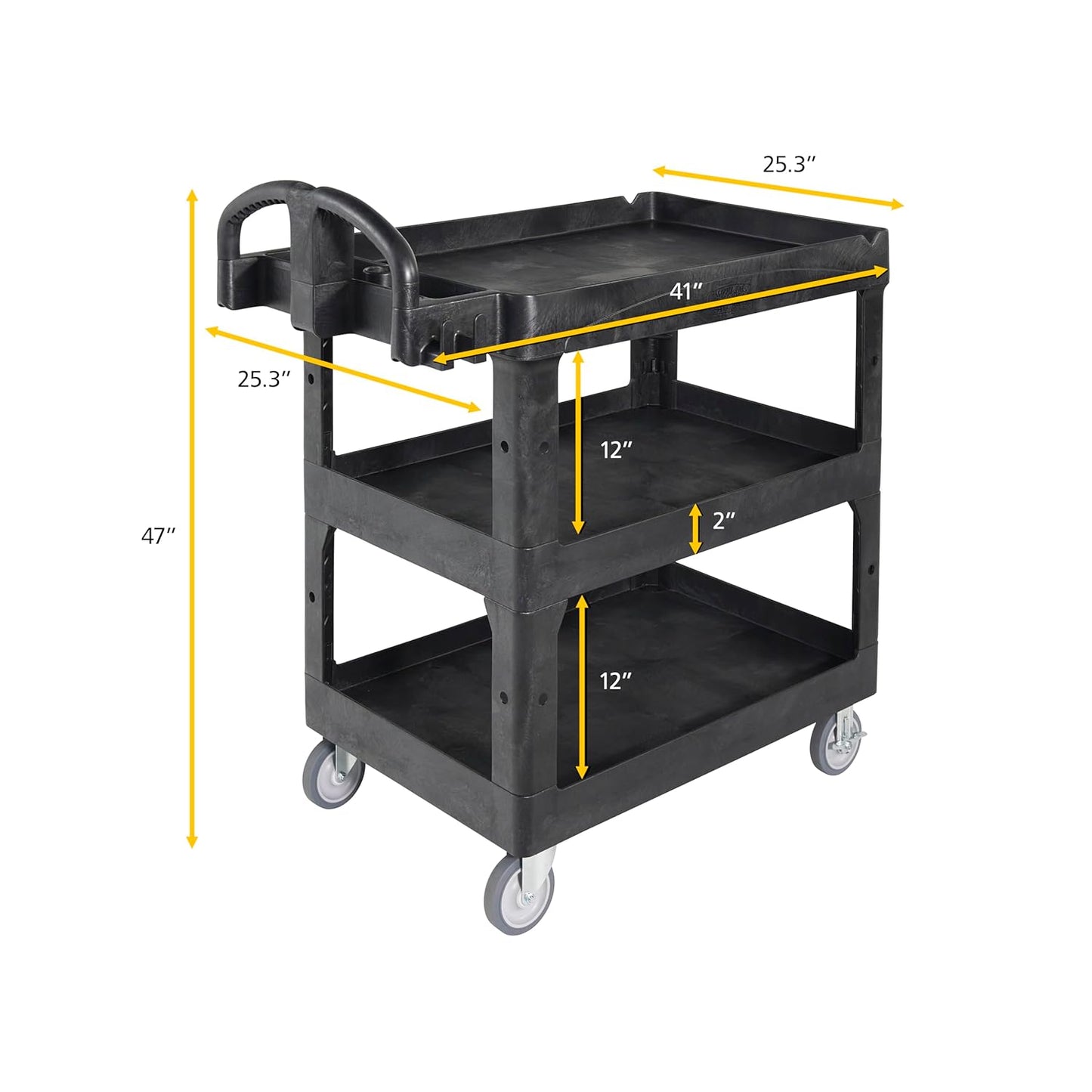 Rubbermaid Commercial Brute 3-Shelf Heavy-Duty Utility/Service Cart, Medium, High Storage, Lipped Shelves, Ergonomic Handle, 600 lb. Capacity, Ideal for Warehouse/Garage/Cleaning/Maintenance/Office