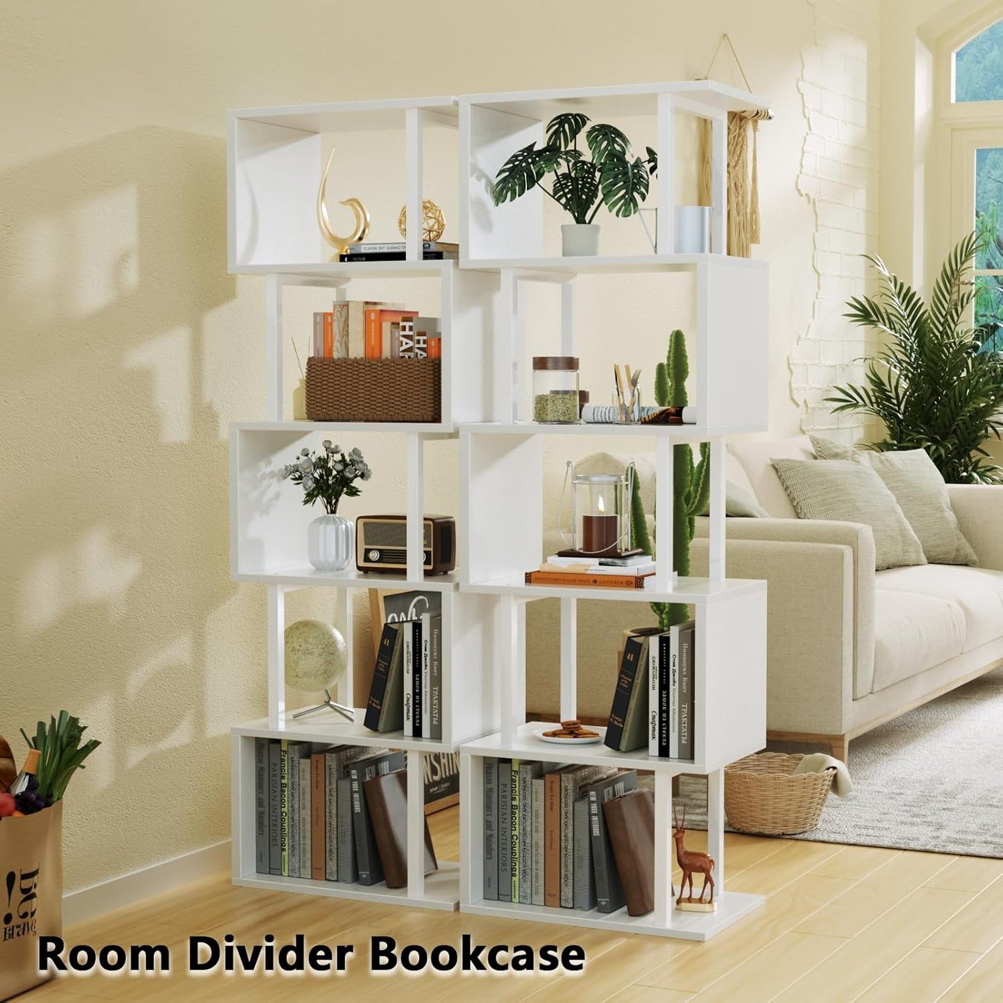 Furologee White Geometric Bookshelf 6 Tier S-Shaped Bookcase, Tall Modern Display Storage Shelf, Metal and Wood Decorative Freestanding Room Divider Shelves for Bedroom, Living Room, Office