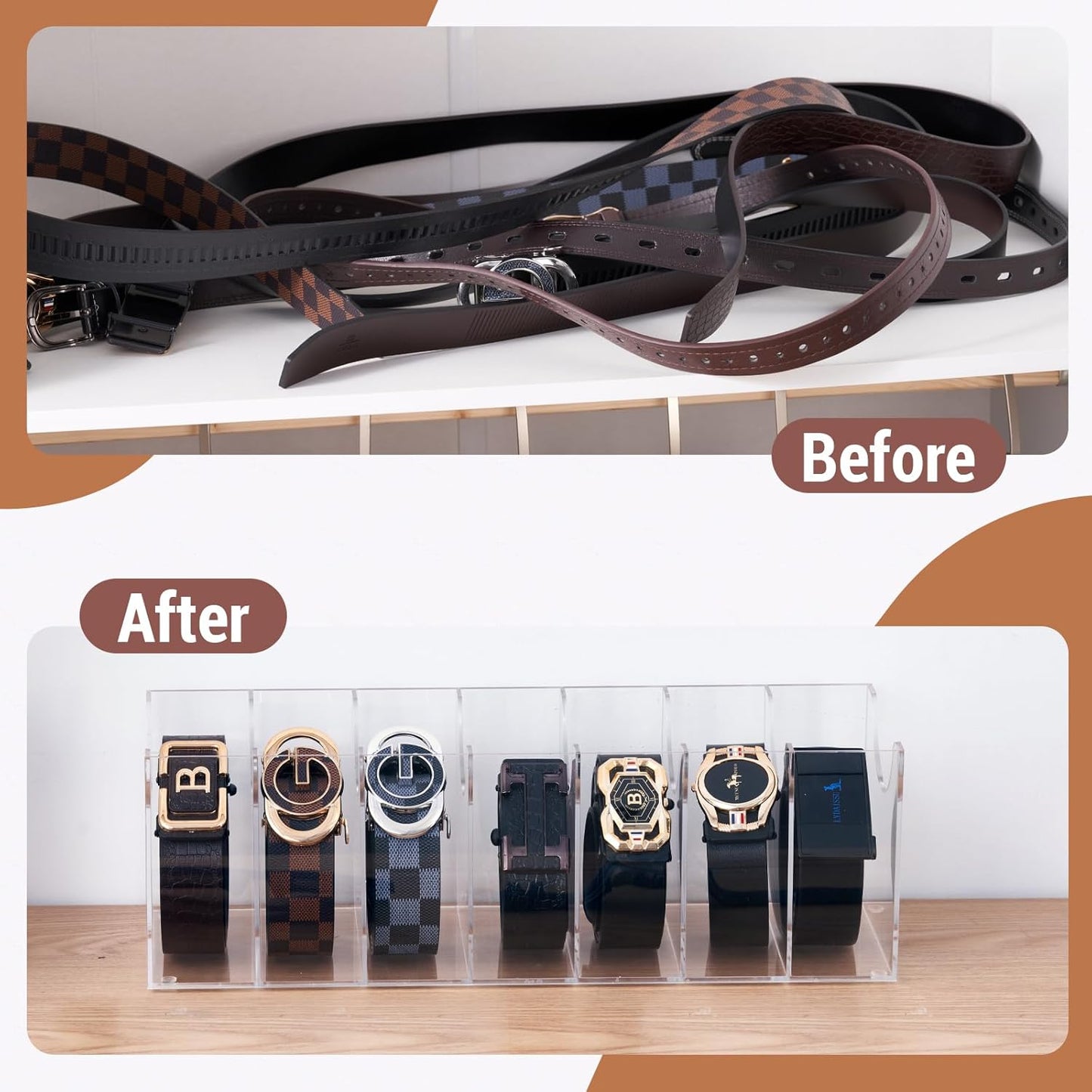 Acrylic Belt Organizer for Closet - 7 Compartments Transparent Storage Holder | Display Case for Makeup, Jewelry, Watches, Bow Tie, & Bracelets | Multipurpose Clear Containers & Versatile Design