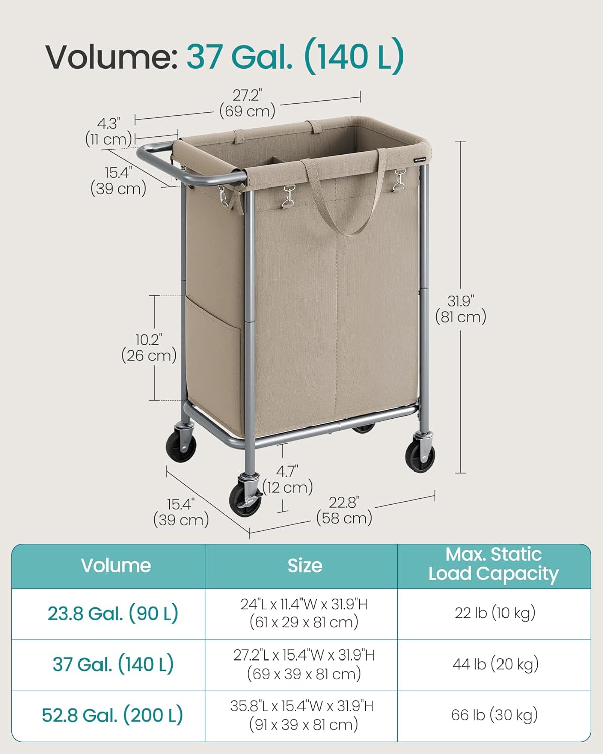 SONGMICS Laundry Basket with Wheels, 2-Section Rolling Laundry Hamper, 37 Gallons (140 L), Removable Liner, Steel Frame with Handle, 27.2 x 15.4 x 31.9 Inches, Camel Brown URLS004N01