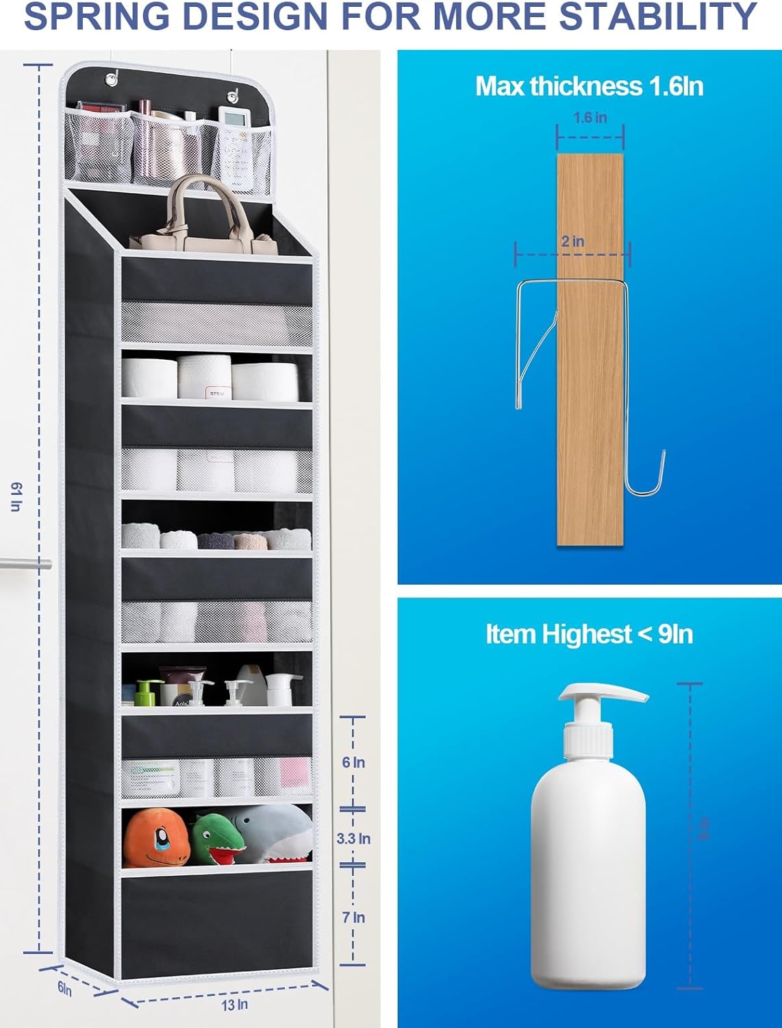 Over the Door Organizer Storage - 5 Tier Hanging Storage shelves Door Organizer with Pockets, Anti Tilt 44 lb Load Behind Door Organizer for Bedroom,Nursery,Bathroom,Kitchen,Dorm,Shoe - 1 Pack, Black