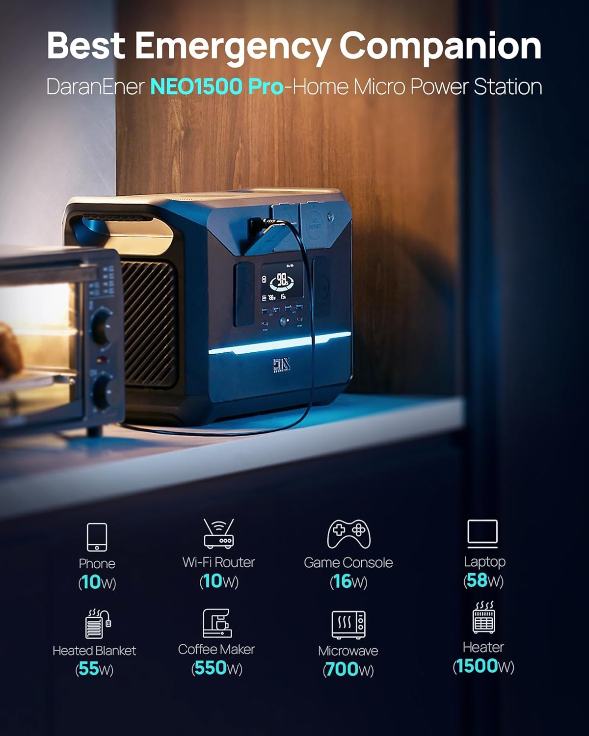 DaranEner Portable Power Station 1382.4Wh LiFePO4 Battery, 1800W (3000W Surge) Solar Generator with 1.3Hr Fast Charge, 15ms UPS Portable Generator for Home, Camping, RV, Emergency