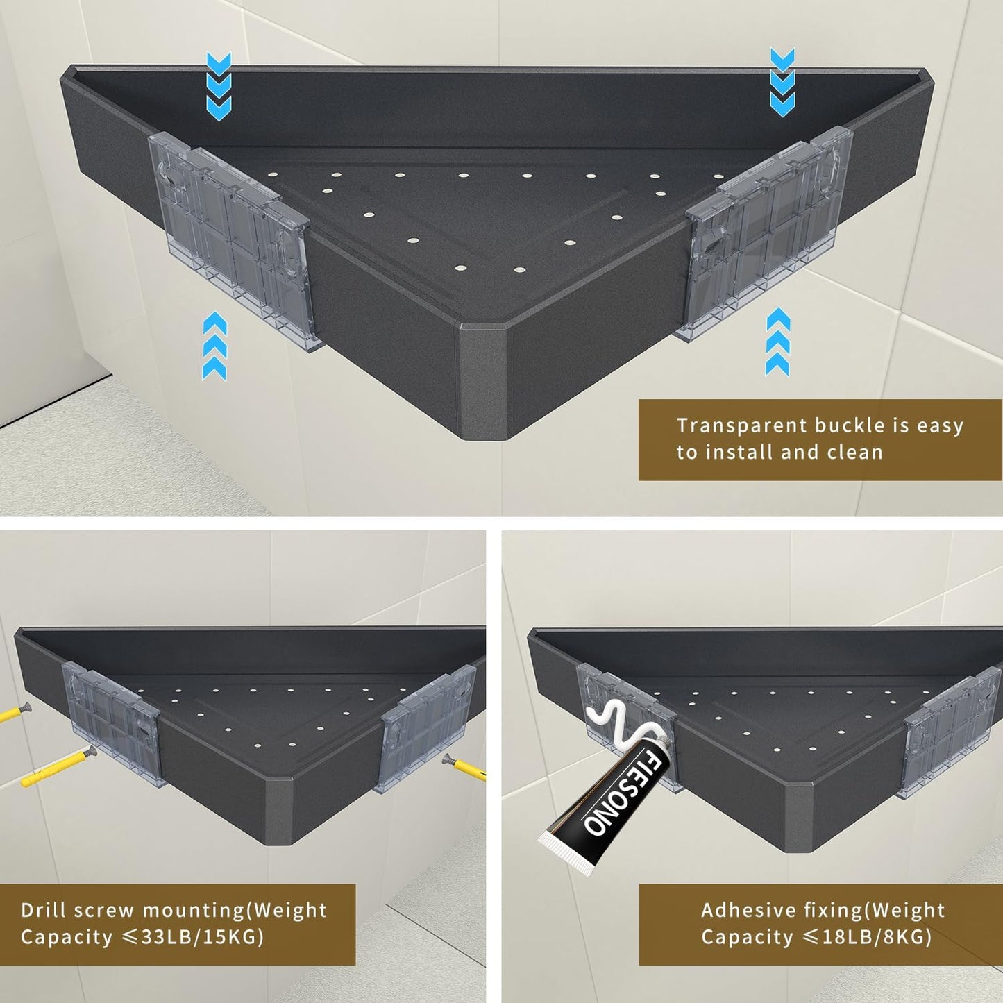 2-Tier Corner Shower Shelves with Hooks, Rustproof Metal Shower Corner Caddy Organizer for Bathroom Toilet Kitchen, Fast Drain and Space Saving