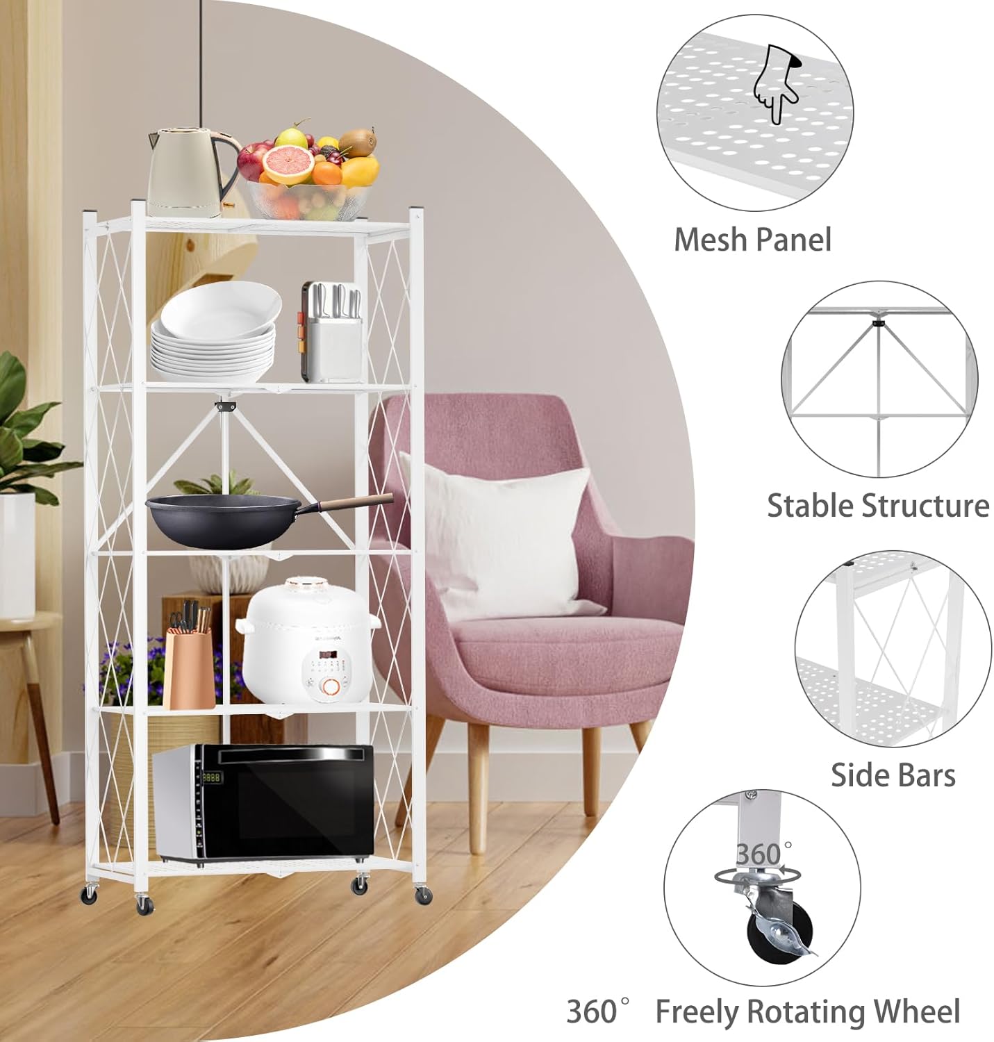 5 Tier Folding Shelf with Wheels,Metal Steel Collapsible Shelves,No Assembly Portable Shelves Organizer Rack,Rolling Standing Utility Rack for Kitchen, Pantry, Office, White