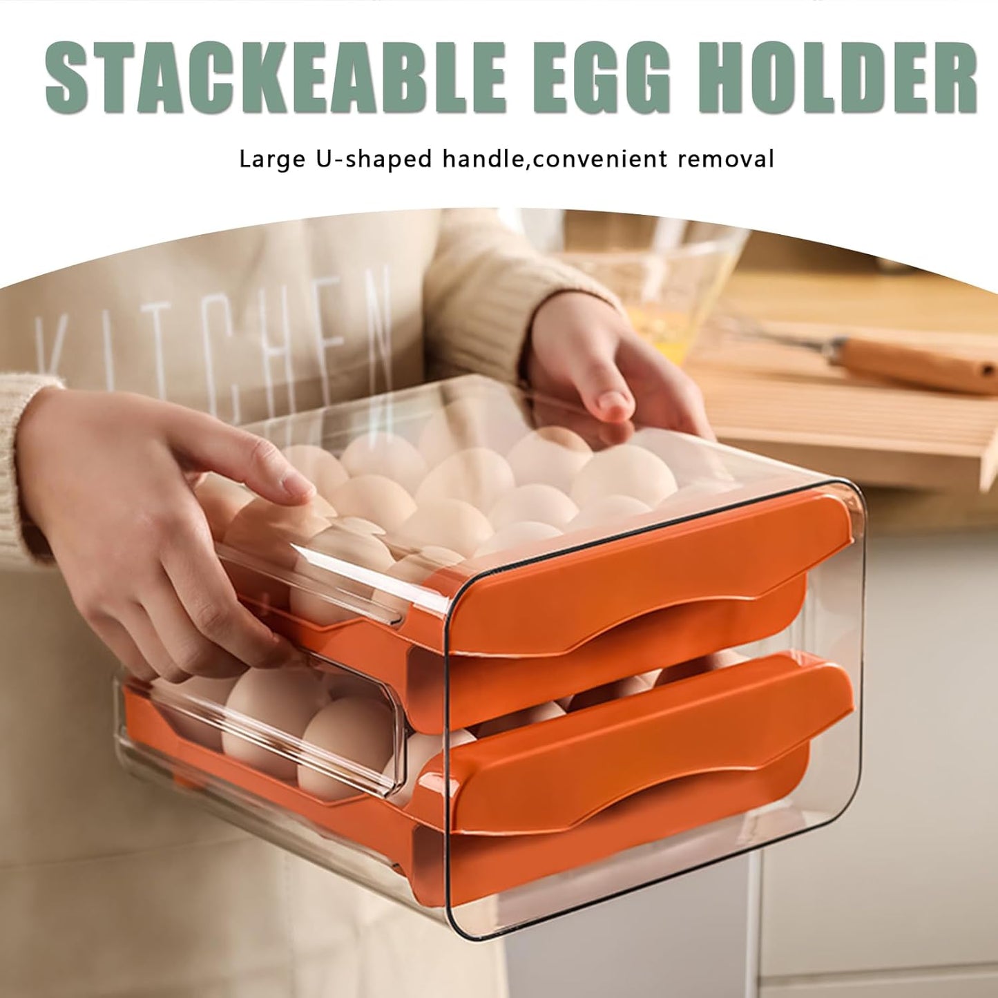 Refrigerator egg rack, egg container, egg storage box, double-layer transparent surface stackable, concave and convex handle kitchen storage organizer, bracket tray, refrigerator organizer (orange)