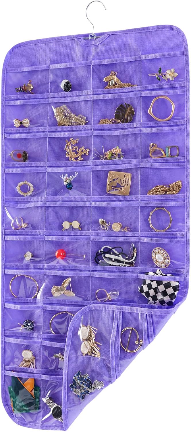 Bloss Hanging Jewelry Organizer, 80 Pockets Dual Sides Wall Jewelry Organizer Storage Dorm Room Essentials for Girls Necklace Organize And Earring Holder Hang on Closet/Door (Purple)