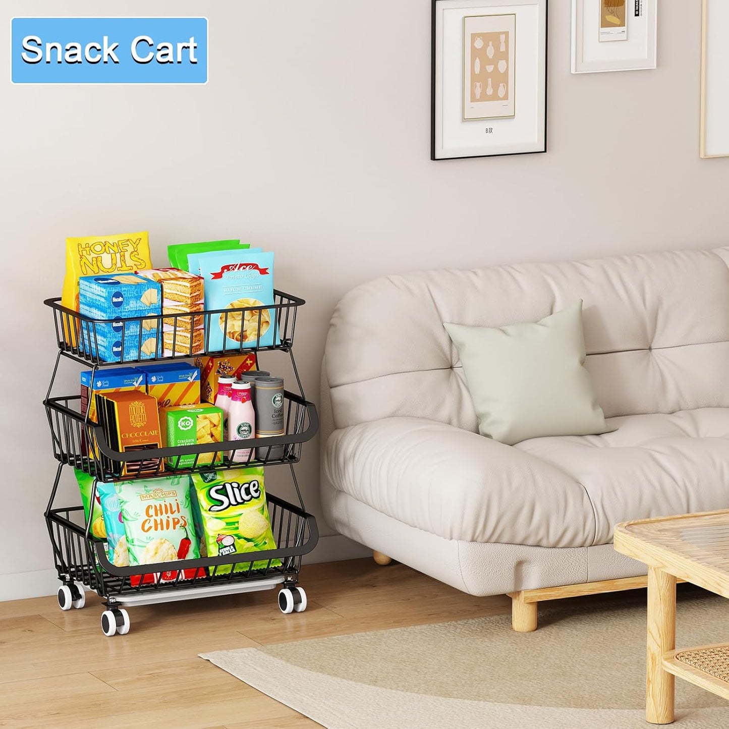 3-Tier Rolling Pantry Floor Organizer, Stackable Pantry Storage Cart with Wheels, Metal Wire Pantry Baskets, Kitchen Fruit Basket Stand, Vegetable Storage Rack for Fruits Snacks Onions Potatoes,1 Pack