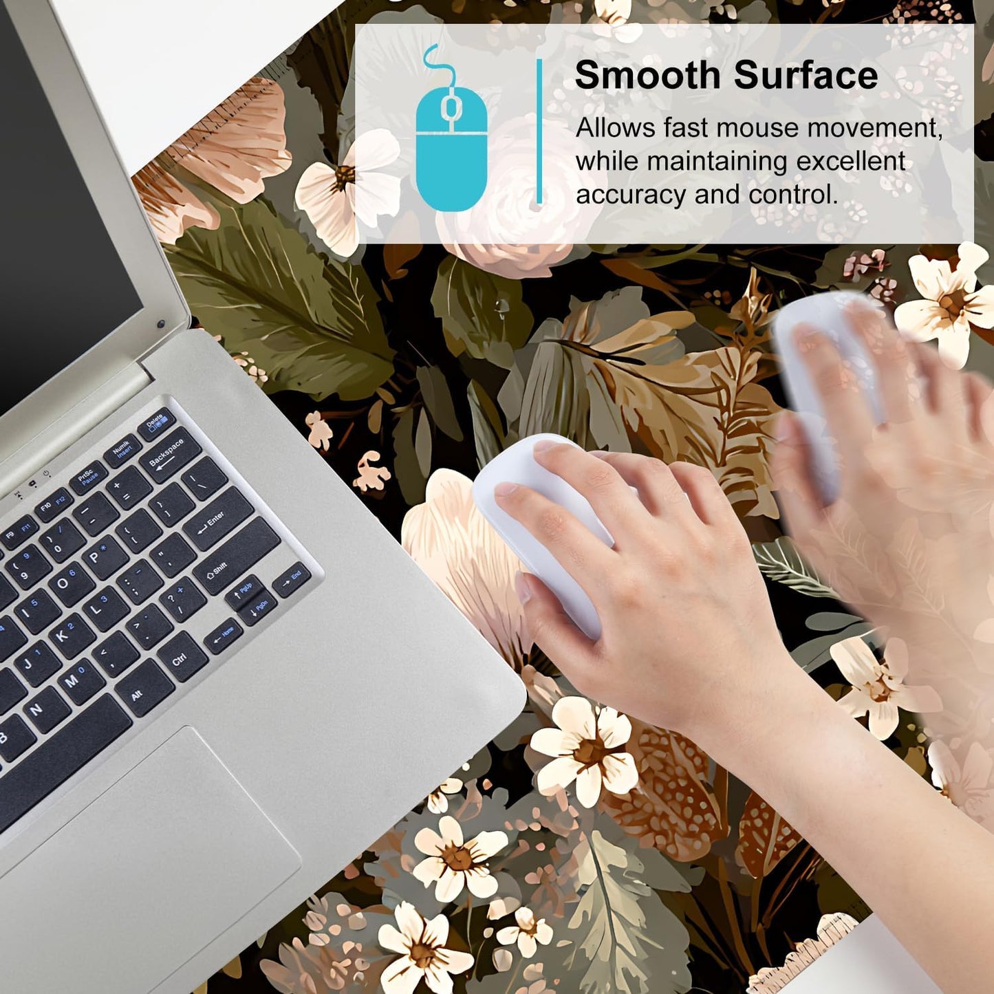 Vintage Beige Floral Mouse Pad – Large Extended Desk Mat 35.43 x 15.75 in – Neutral Retro Botanical Design, Non-Slip Rubber Base, Waterproof Surface, Oversized Keyboard & Mouse Pad for Office or Home