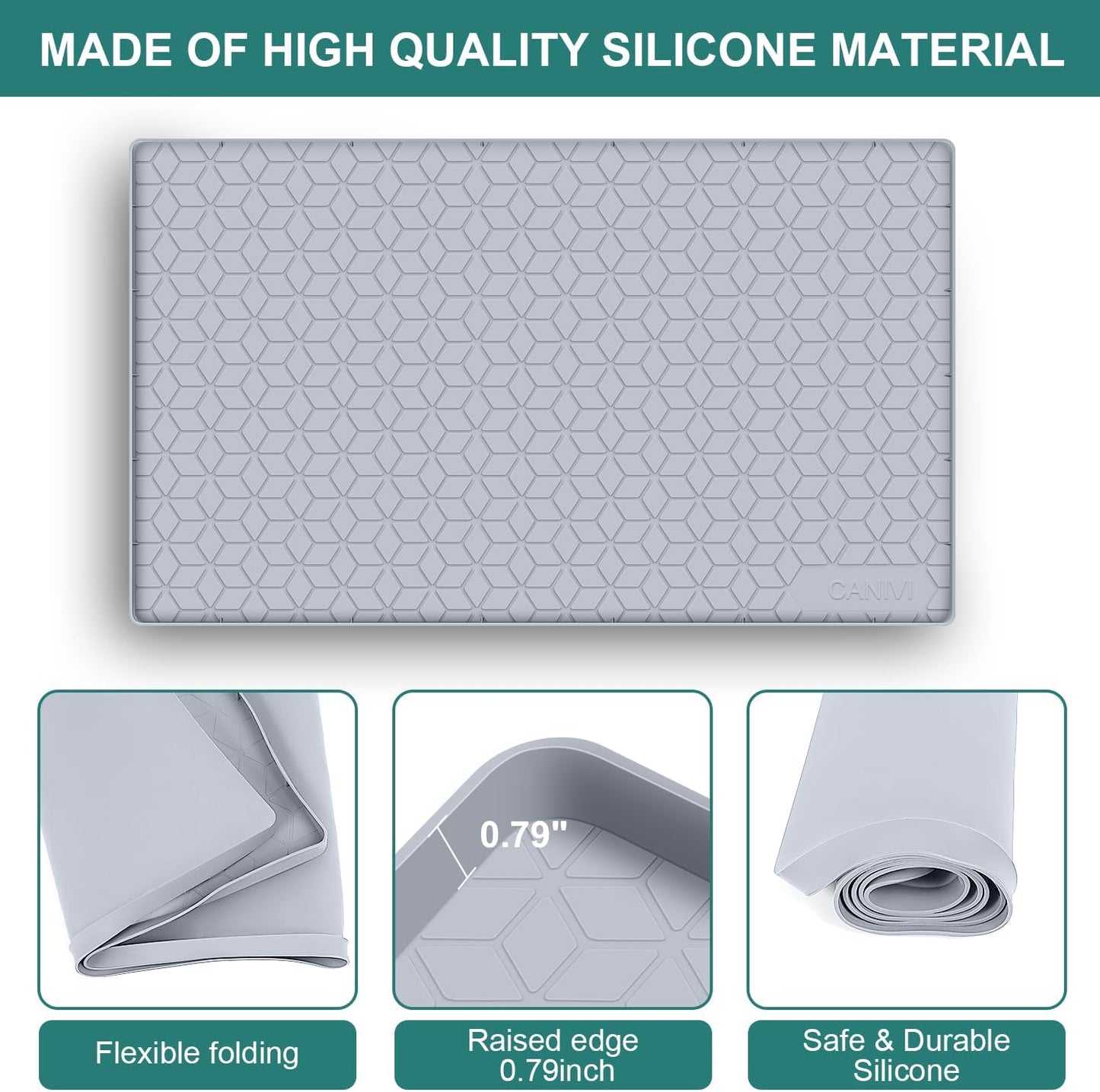 Under Sink Mat, 34" x 19" Waterproof Silicone Under Sink Tray for Kitchen & Laundry Cabinets, Kitchen Cabinet Shelf Protector, Up to 3.3 Gallons Liquid, Fits 36 inch Standard Cabinet Light Grey