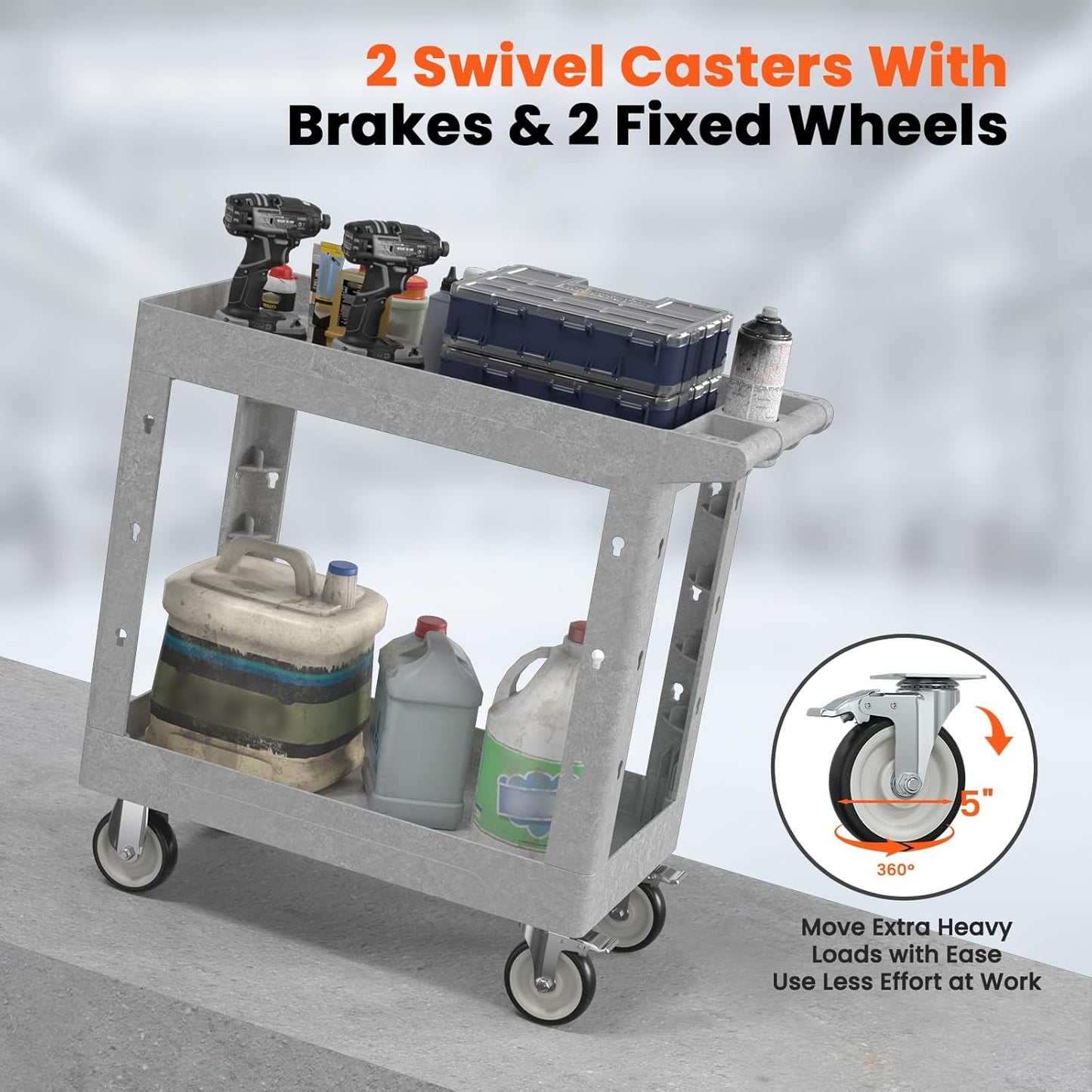 2 Tier Plastic Rolling Utility Cart on Wheels, Heavy Duty Tool Cart with Deep Shelves and 360° Swivel Wheels Holds up to 550 lbs, Service Cart for Garage, Warehouse, Cleaning (Gray-34in)
