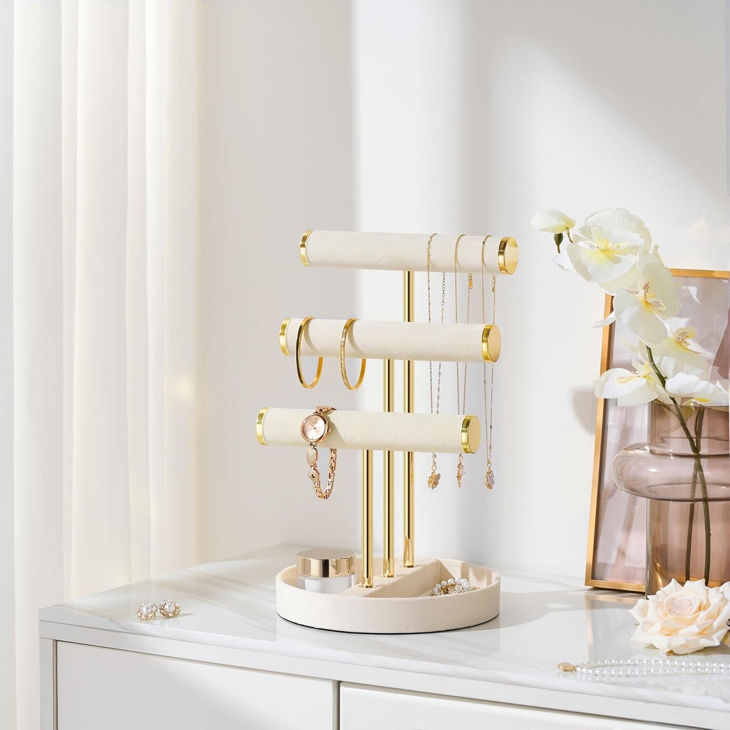 Bracelet Holder Jewelry Organizer Display - 3 Tier T Bar Velvet Stand, Beige Necklace Holder Organizer, Bracelet Holder, Earring Holder and Ring Display for Jewelry Organizers and Storage