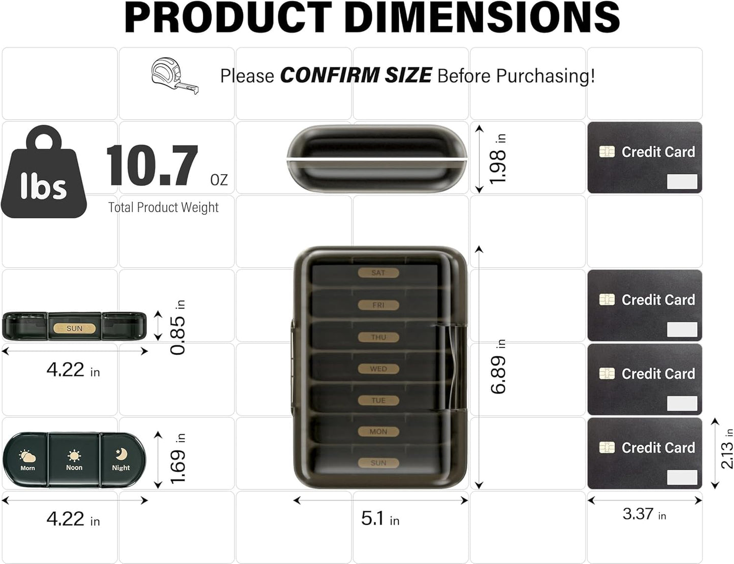 Weekly Pill Organizer 3X a Day, 7 Day Pill Box 3 Times, Portable for Travel Pill Case for Pills/Vitamin/Fish Oil/Medication/Supplements (3x7 Black)