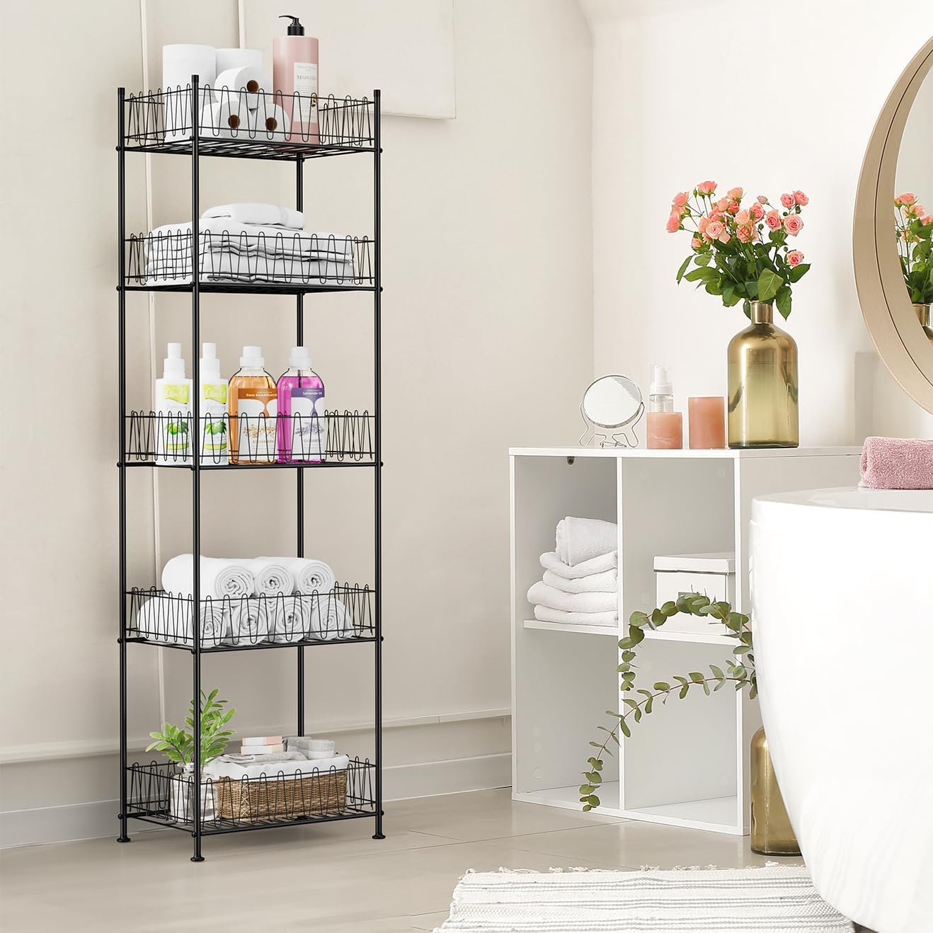 5 Tier Water Bottle Organizer Rack Metal Free Standing Water Storage Rack Beverage Holder Bottled Water Stand for Floor, Space Saver Soda Drink Shelf for Kitchen Living Room, Black