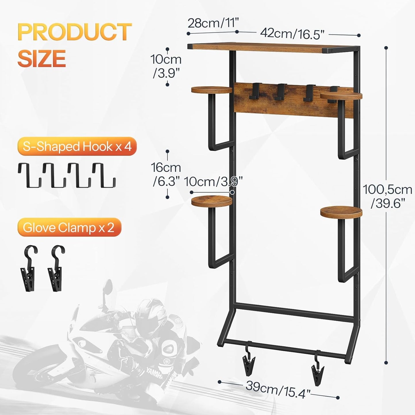 HOOBRO Motorcycle Helmet Rack Wall Mount, Helmet Holder with Hanging Rod, Storage Display Rack with 2 Glove Clamps and 4 Hooks, for Motorcycle Gear and Accessories, Rustic Brown and Black BF02TK01