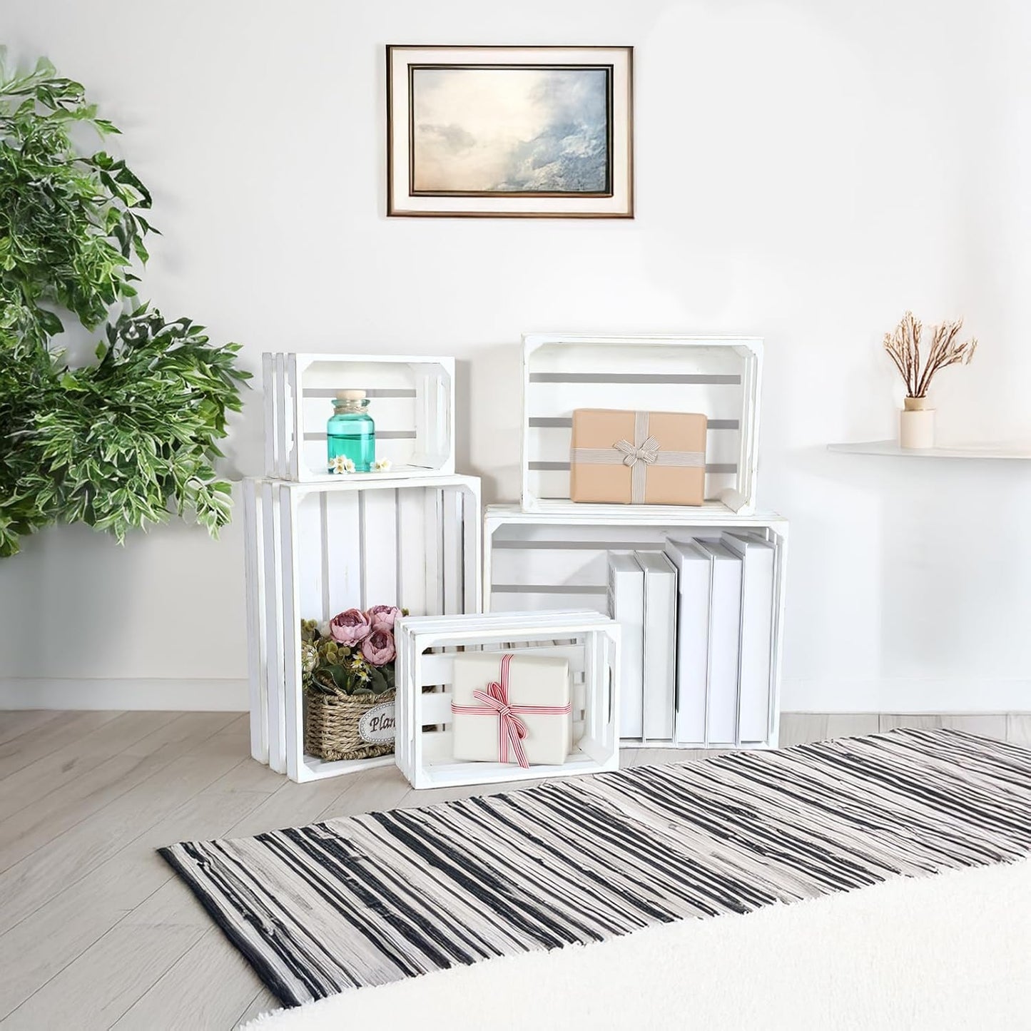 Large Wooden Crates, Set of 5 Wood Crates with Handles, Rustic Whitewashed Farmhouse Wooden Crate for Display, Wedding Birthday Home Party Living Room Kitchen Decoration