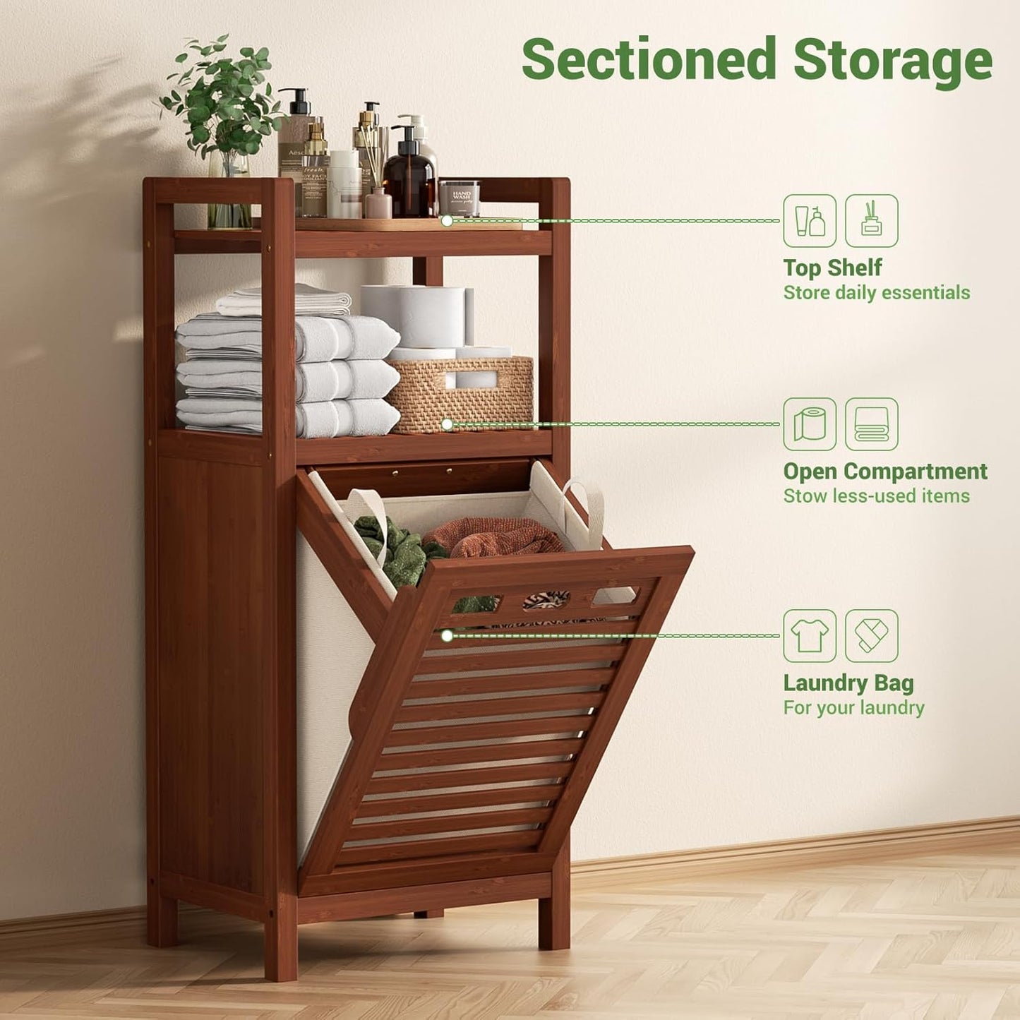 Homykic Tilt Out Laundry Hamper, 10 Gal Bamboo Laundry Storage Cabinet with Removable Basket, Hidden Hamper Organizer with Shelf for Dirty Clothes, Bathroom, Laundry Room, Space Saving, Walnut