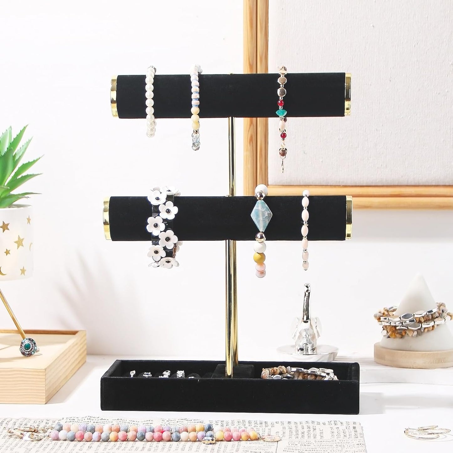Bracelet Holder, 2-Tier Bracelet Display Stand for Vendors, T-Bar Necklace Scrunchie Storage Rack, Bangle Watch Jewelry Display Tower(Black,2 Tier)