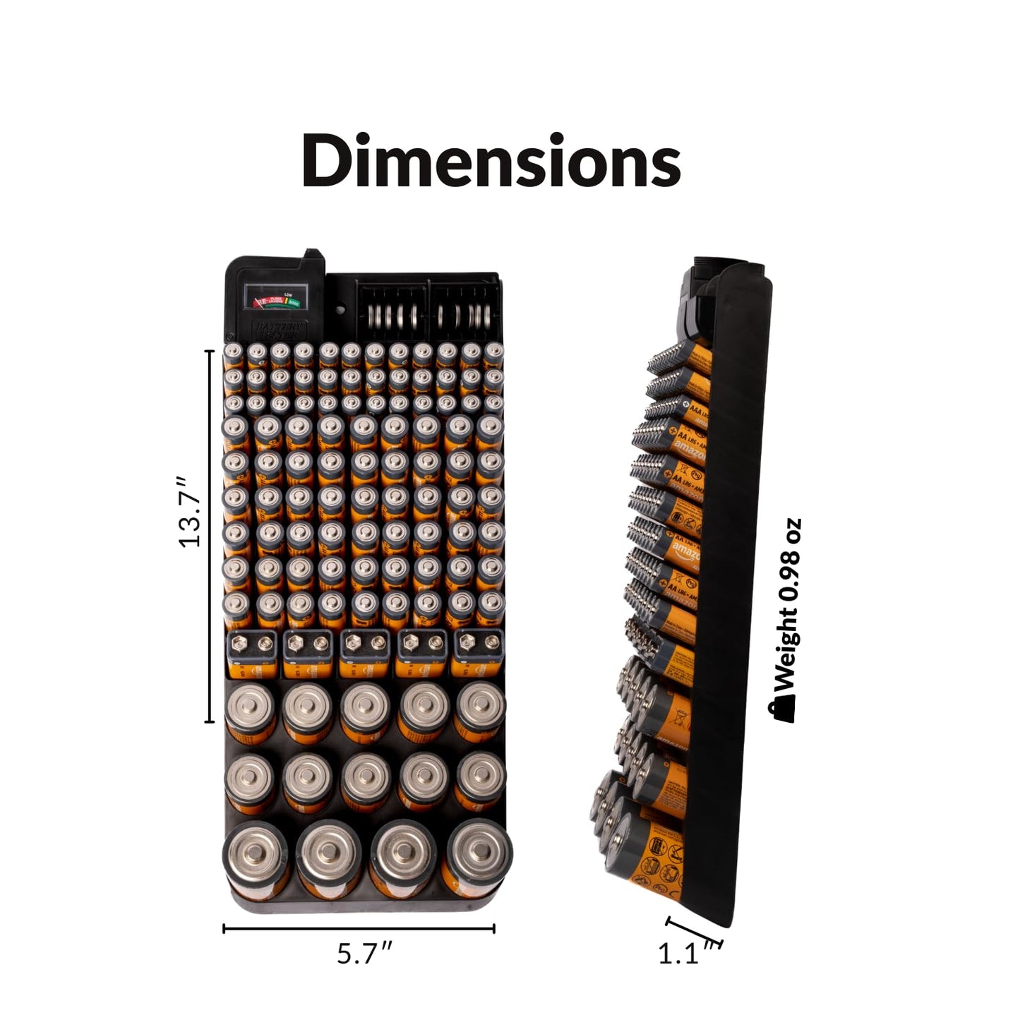 Bee Neat Battery Organizer and Storage Case with Tester - Battery Storage Box for Wall or Drawer - New & Improved Slanted Slot Design - Max. 117 Batteries AA, AAA, 9Volt, C, D & Button Batteries