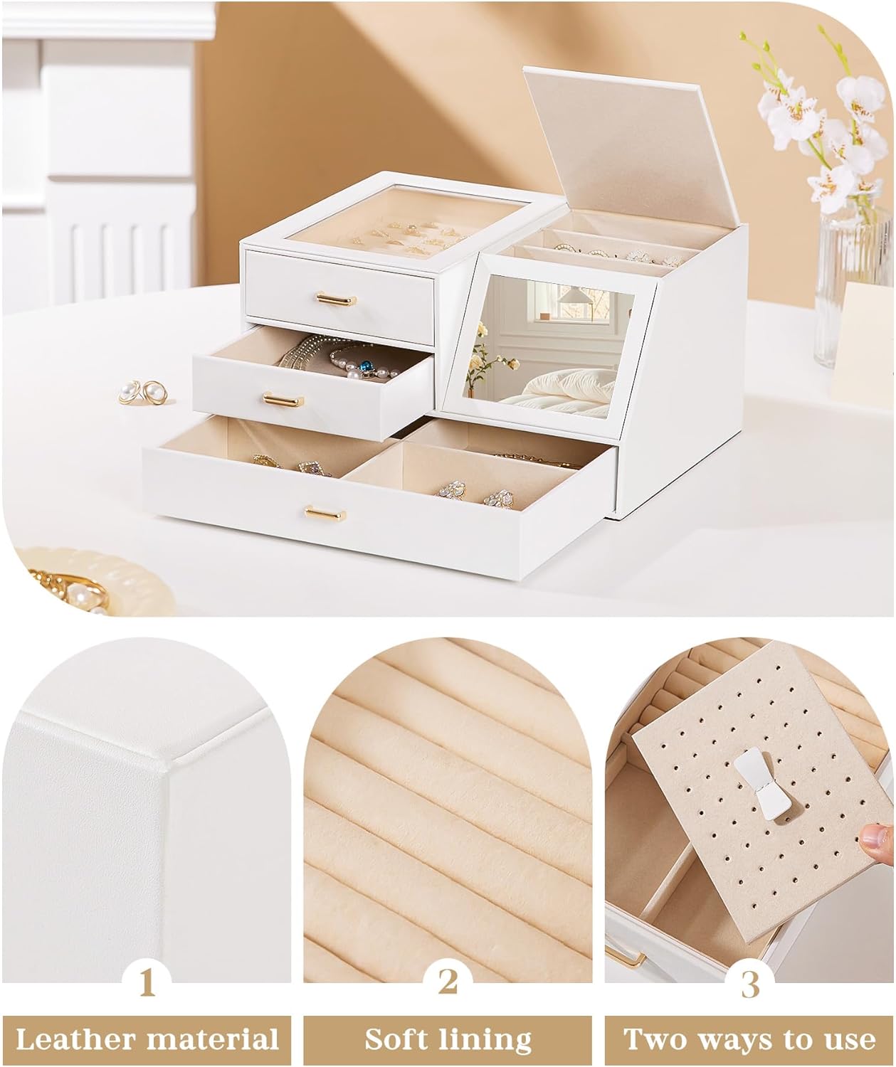 Homde Women Mirror Jewelry Box: Organizer Case with Clear Lid for Ring Necklace Earring - Christmas Gift for Young Women (White)