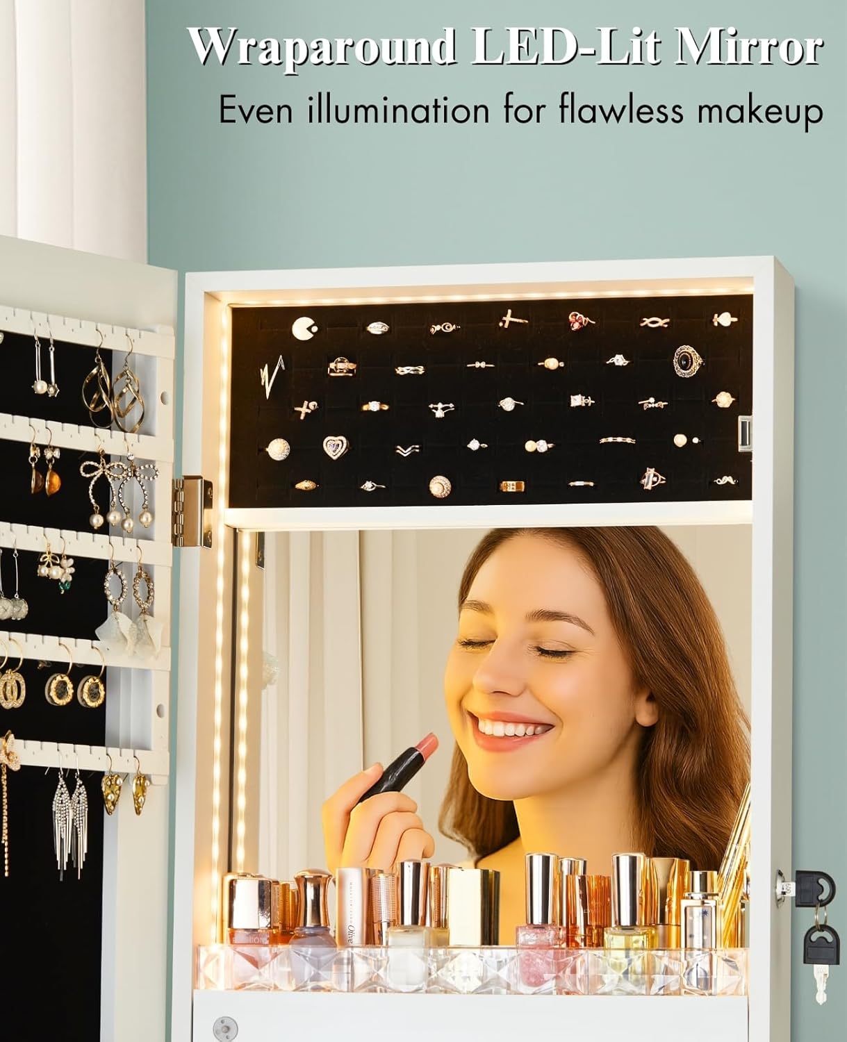 LUXFURNI LED Lights Mirror Jewelry Cabinet Wall Mounted or Door-Hanging, 42" Full Length Mirror with Storage, Built-in Makeup Mirror, Lockable Jewelry Mirror Organizer, White