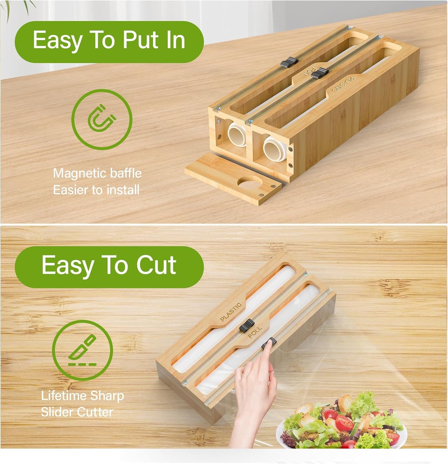 Bamboo Bag Storage Organizer - 2 Wrap Dispenser with Cutter & 4 Slots Food Storage Bags Container - Kitchen Drawer Plastic Bags Storage Organization for Gallon Quart Sandwich Snack Bags