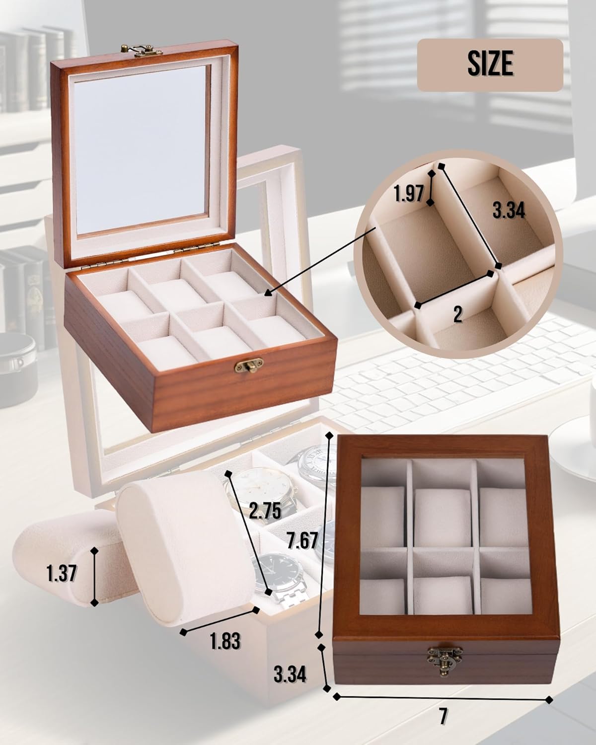 Watch Box, Watch Case for Men Women with Large Glass Lid, Wooden Watch Display Storage Box with 6 - Slots, Classic Walnut 6x2 Mens Watch Box Organizer