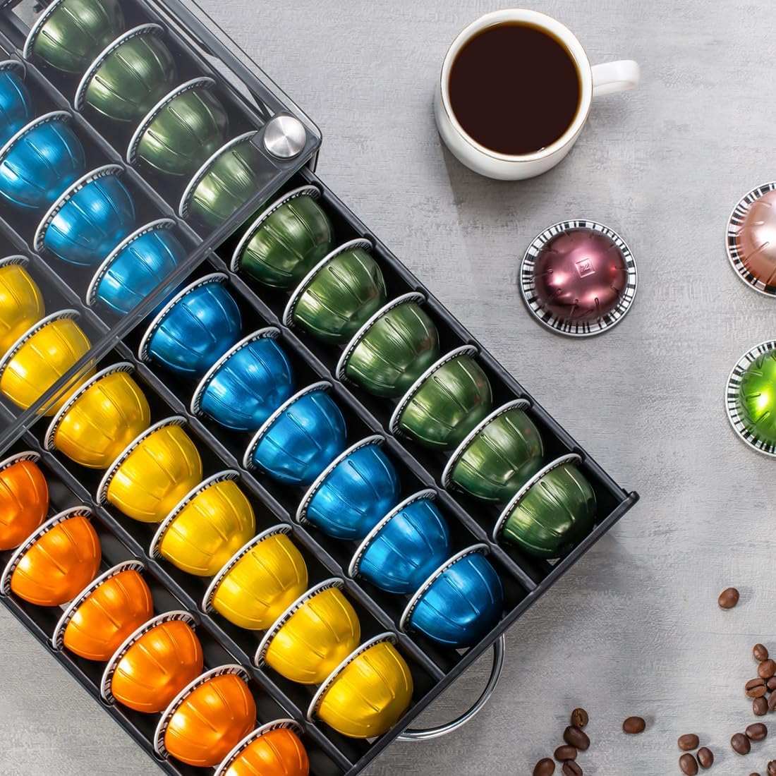 FlagShip Vertuo Pod Holder- Modern Glass Top Coffee Capsule Organizer & Space-Saving Pod Storage for Coffee Machines, Generous 40 Vertuo Pods Capacity