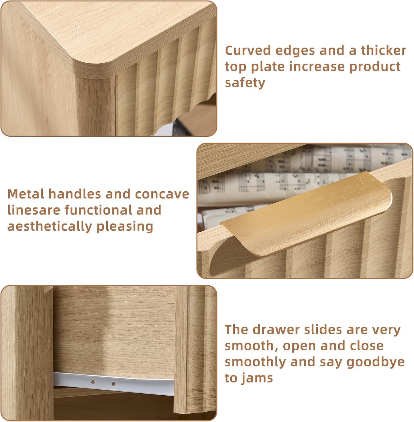 LEYAOYAO 31" Wide Fluted Nightstand with Charging Station, Oversized Extra Large 1 Drawer Night Stand with Golden Handle, Natural Wood Bedside Table Tall End Tables,for Bedroom, Living Room, Hallway