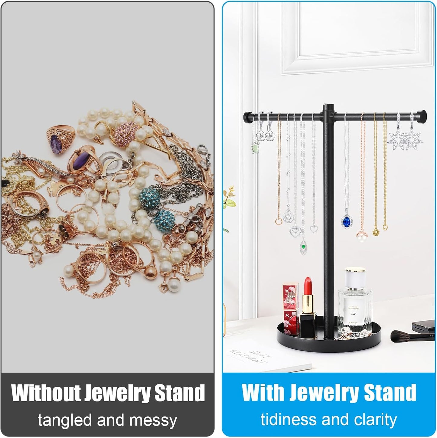 Jewelry Necklace Organizer Stand,12.9" Tall Sturdy Metal Jewelry Stand with Round Tray for Bracelet Bangles Holder Display,Long Necklace Organizer Holder (black)