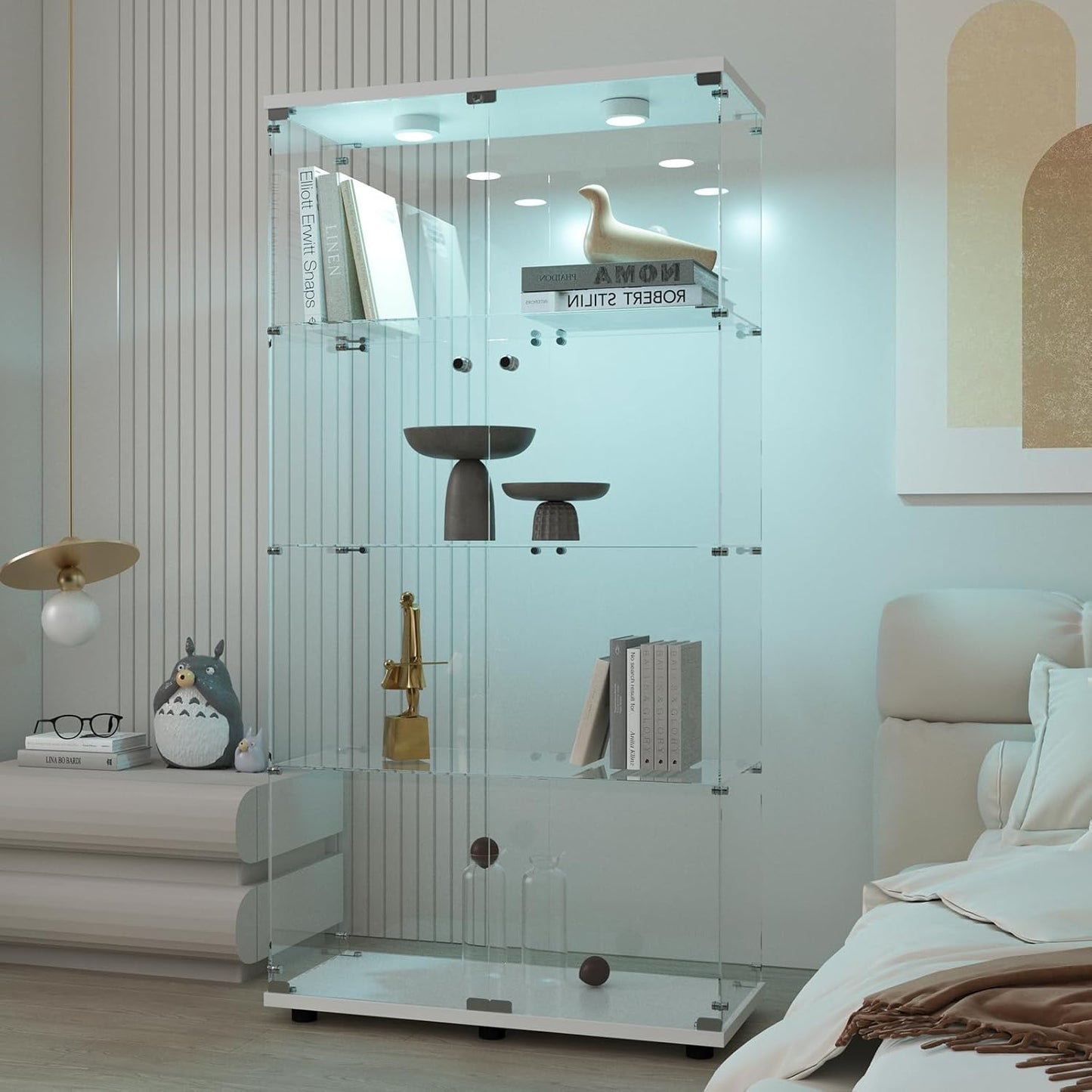 Beauty4U Glass Display Cabinet with LED Light, 4 Shelves with 2 Doors, Curio Cabinets for Living Room, Bedroom, Office, White Floor Standing Glass Bookshelf, Quick Installation