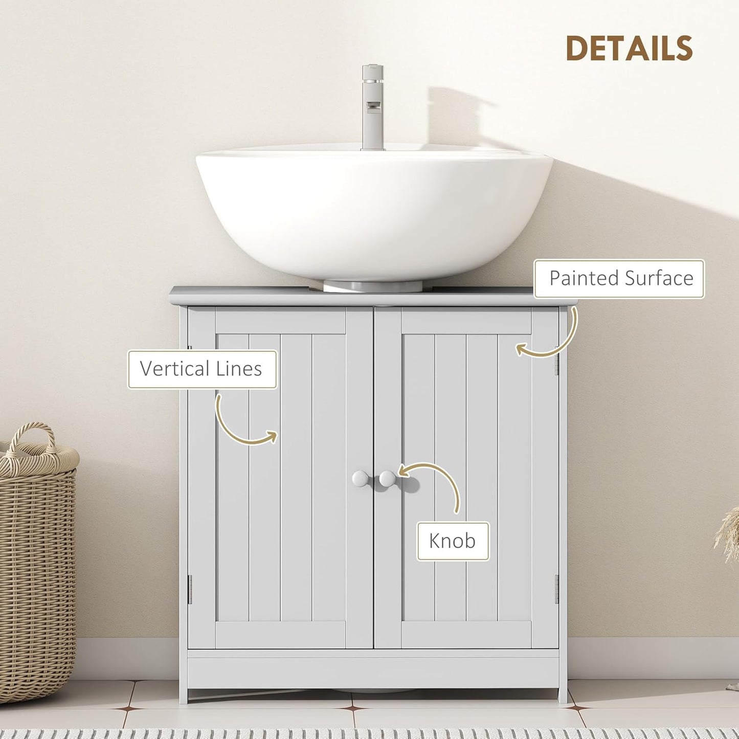 HOMCOM Under Sink Bathroom Cabinet, Pedestal Sink Storage Cabinet with 2 Doors, Shelf and U-Shape, Light Gray