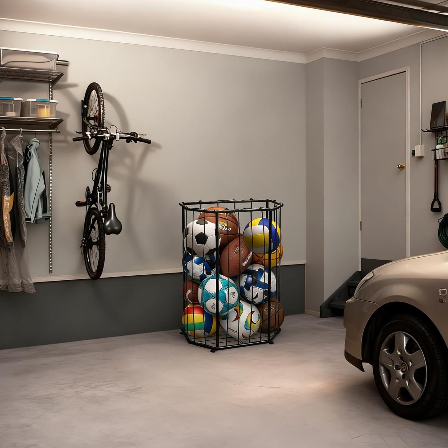 Garage Ball Storage Holder,Elastic Cord Design Can Floor-Standing & Wall-Mounted Use,Used for Basketball,Footbal,Volleyball,Rugby,Home or Outdoors Sports Equipment Storage Ball Rack。(Black)