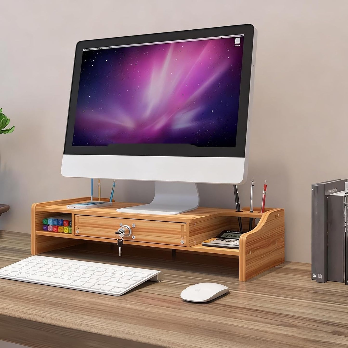 Desktop Computer Elevated Stand 48.8x20x10.5cm, Wooden Monitor Riser with Drawer, Organizer Shelf for Laptop, Printer, PC, TV Screen, Home, Dorm, Office