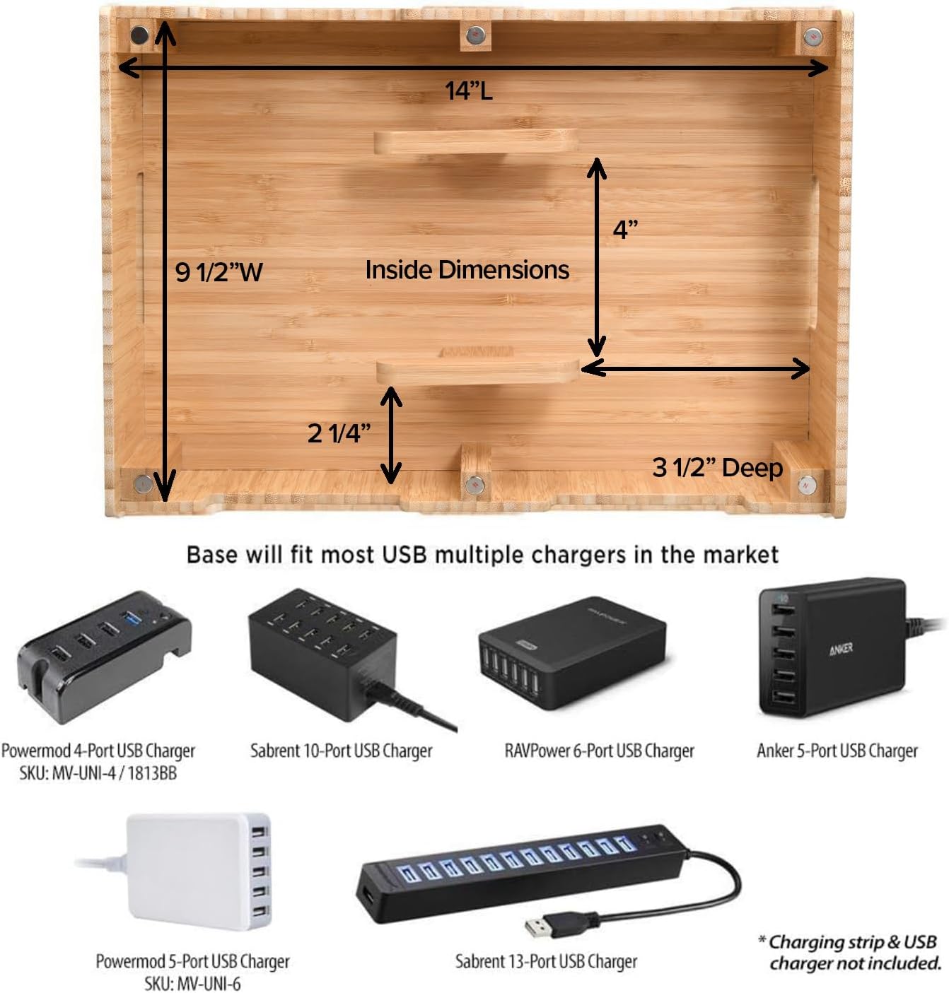 MobileVision Bamboo 12-Port Charging Station & Docking Organizer for Smartphones & Tablets, Family-Sized, for use in Corporate Offices & Classrooms